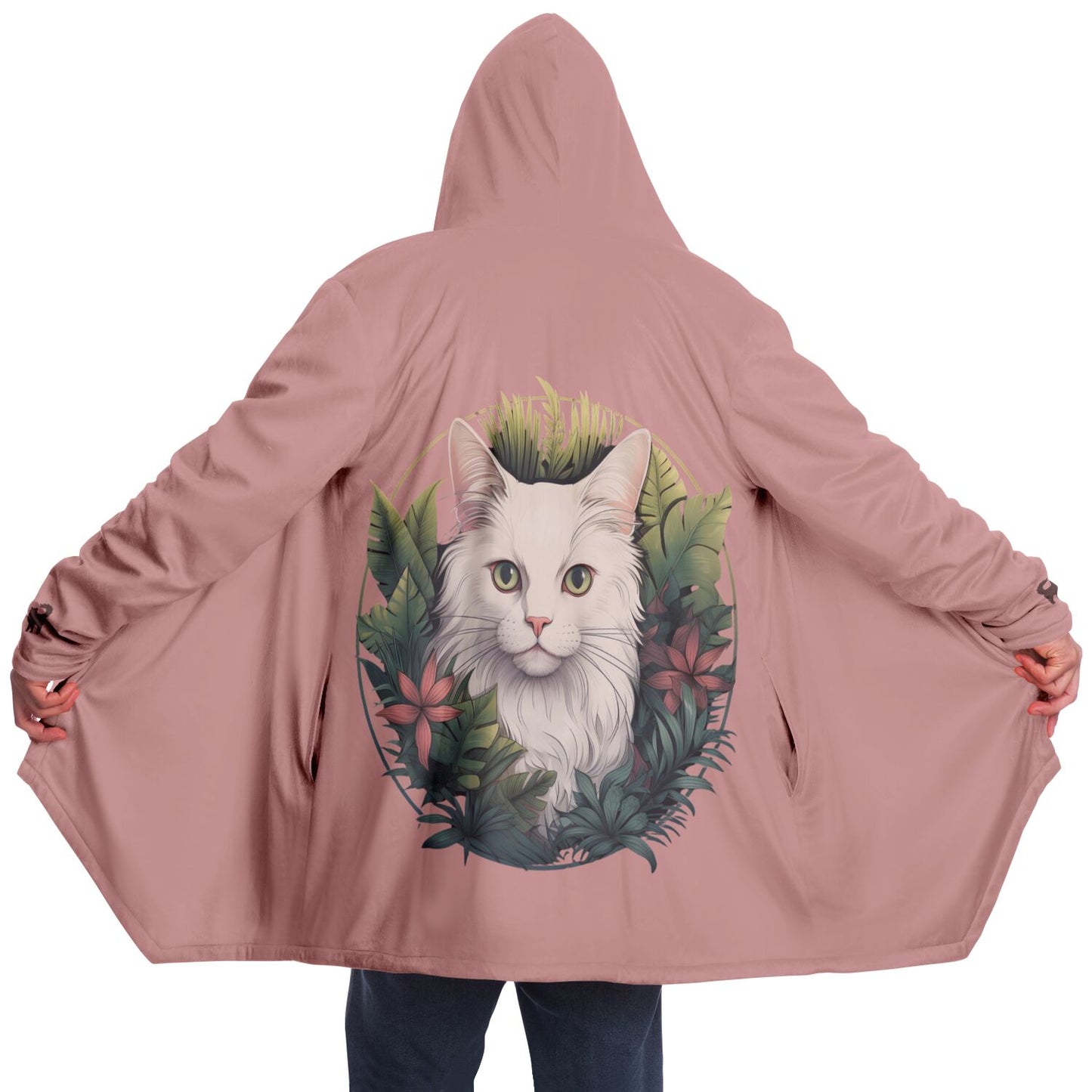 White Cat with Pink Flowers on Pink - Fleece Lined Cloak