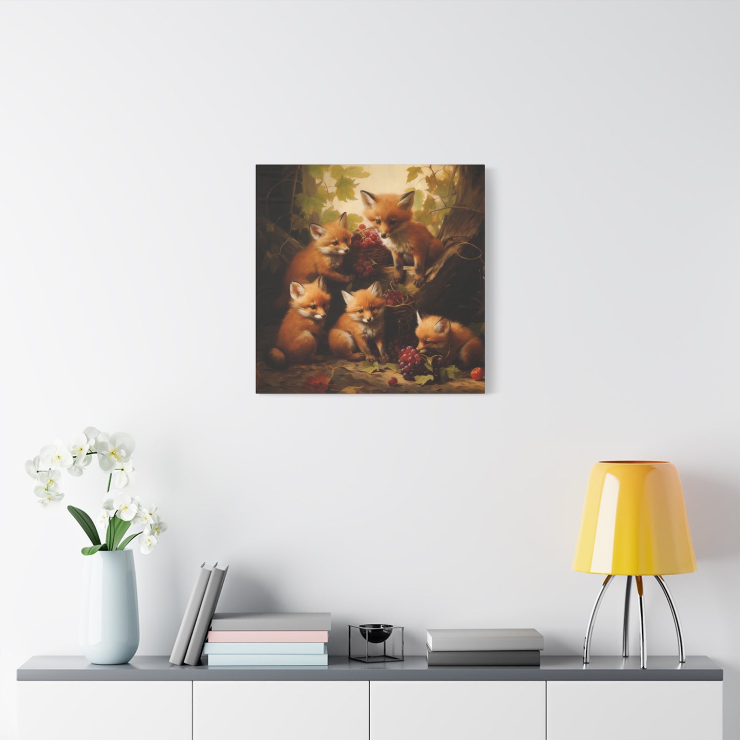 Fox Family with Red Grapes Wall Canvas