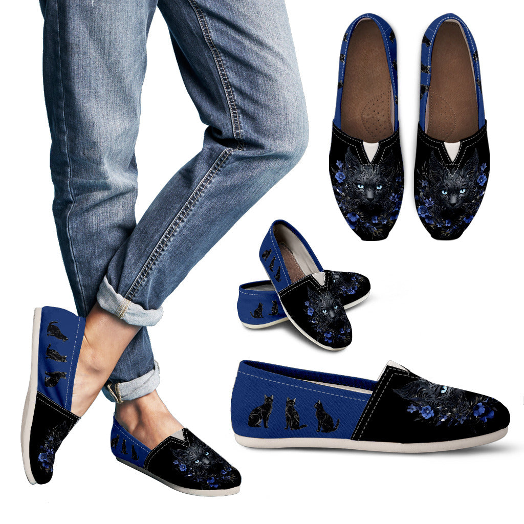 Black Cat and Blue Flowers Casual Shoes