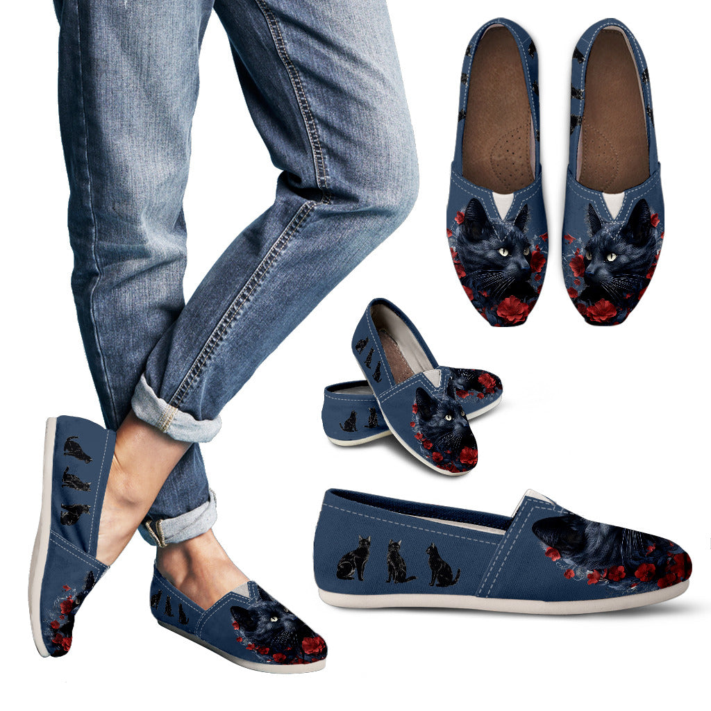 Black Cat and Red Flowers Casual Shoes