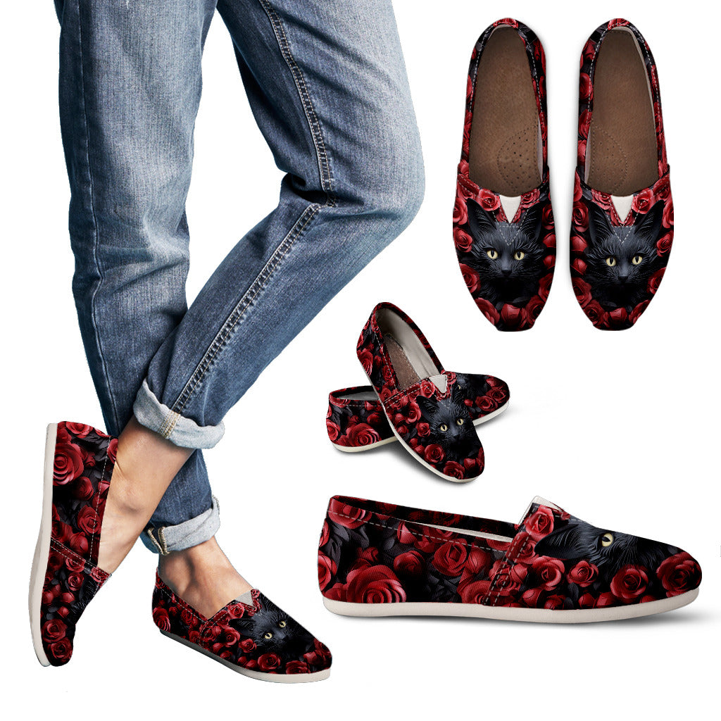 Black Cat in Red Roses Casual Shoes