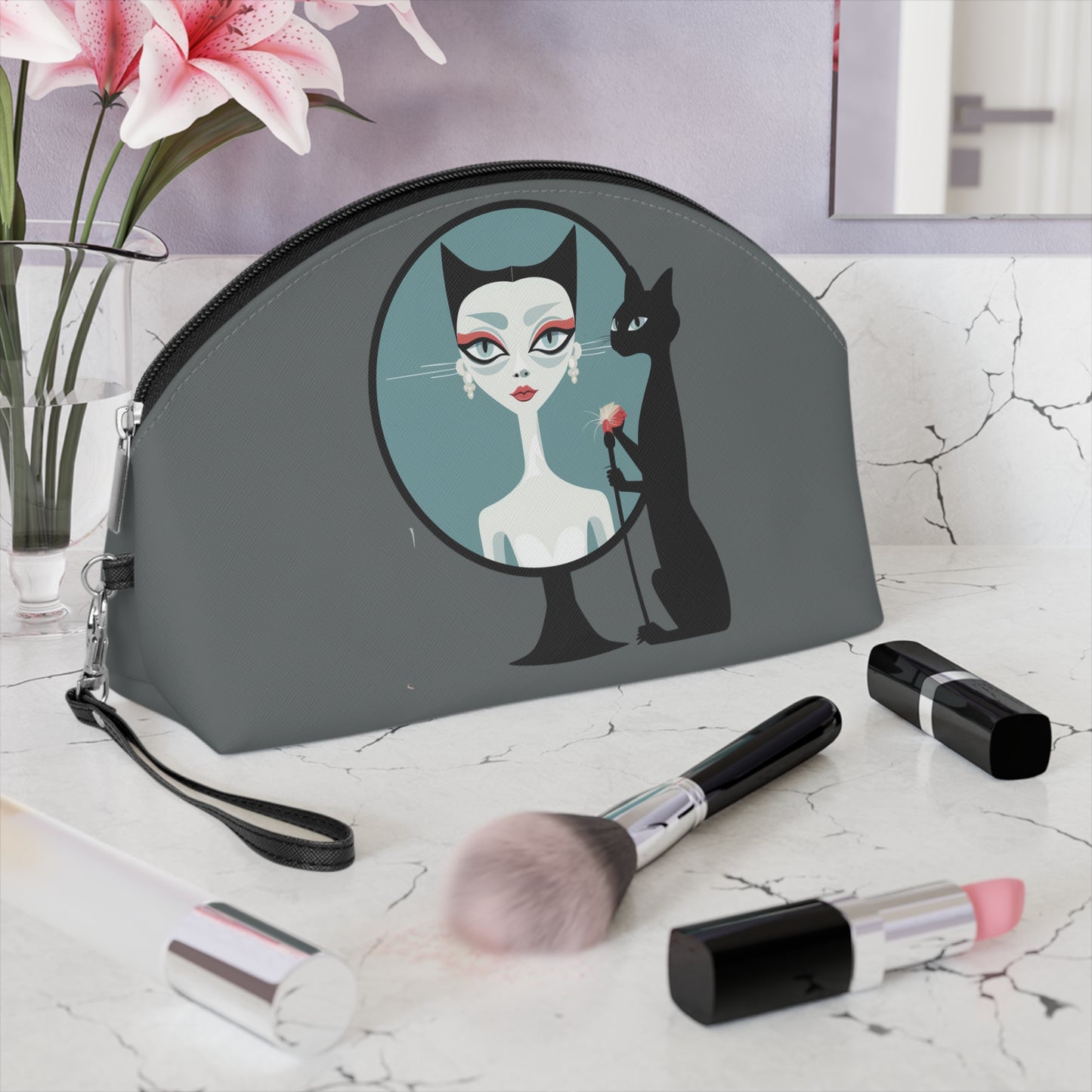 Sophisticated Cat Makeup Bag – Black Cat and Lovely Lady on grey