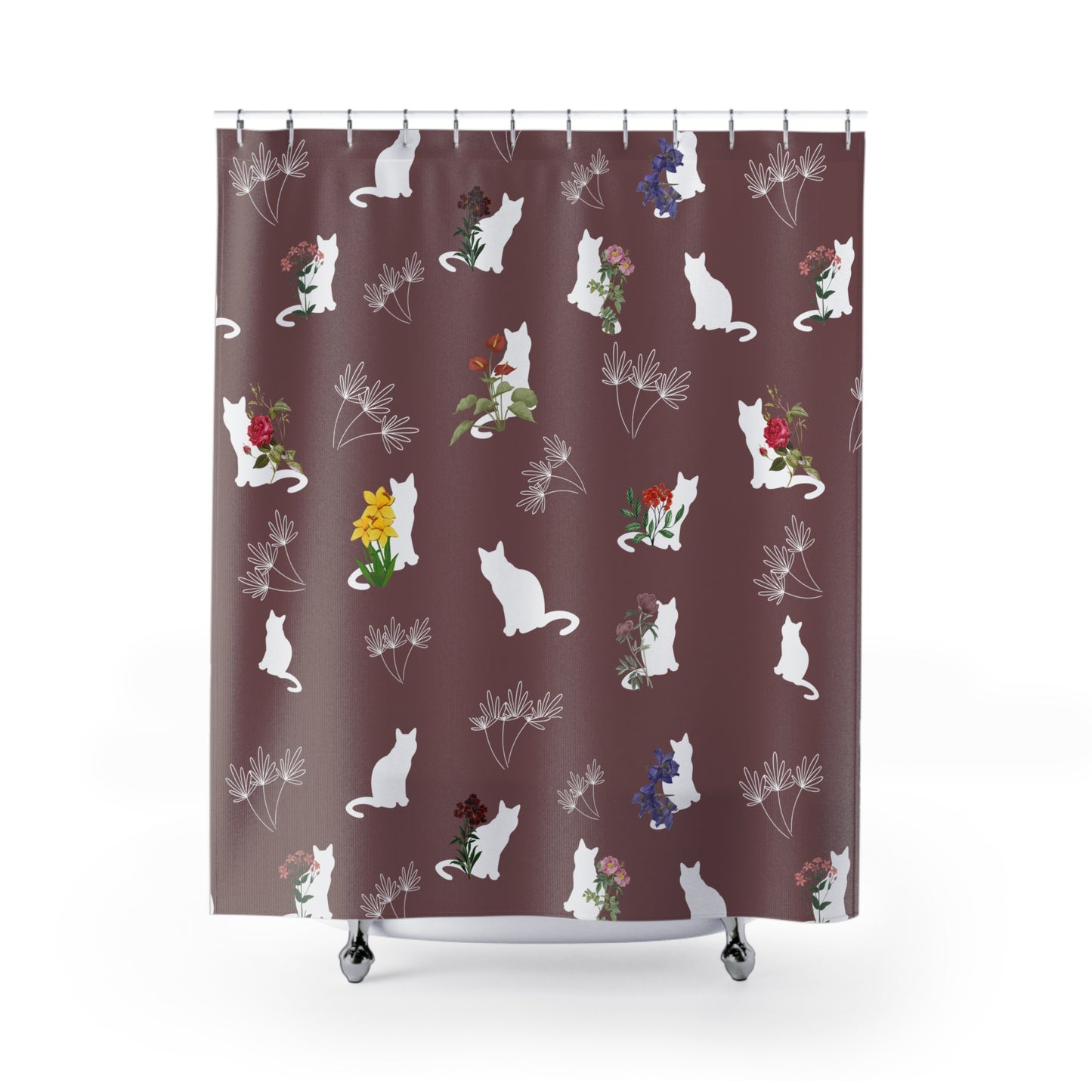 Cat and Flower/Leafy Whimsy Shower Curtain – Mauve