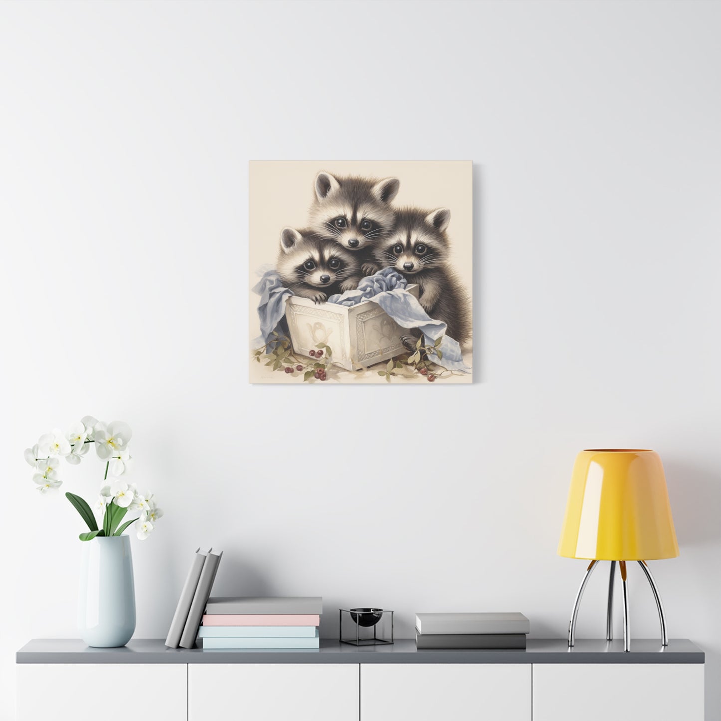 Raccoon Family with Blue Blanket Wall Canvas