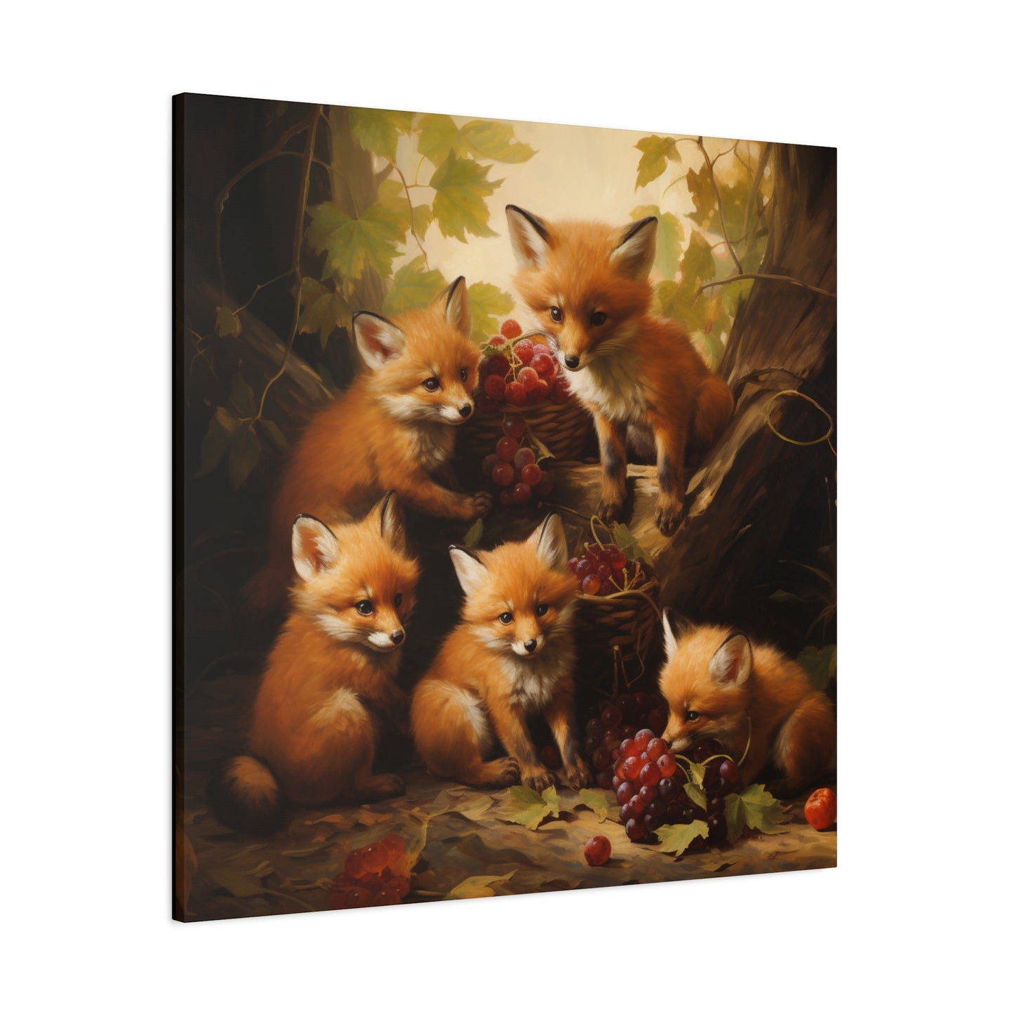 Fox Family with Red Grapes Wall Canvas