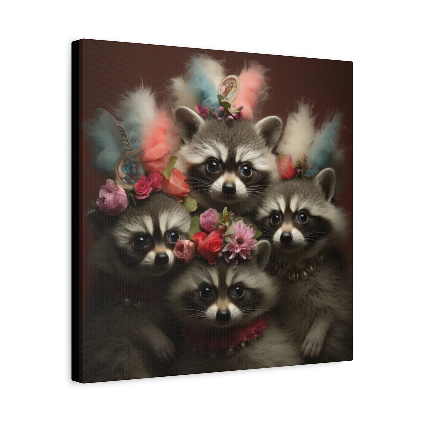 Raccoon Family with Colorful Plumes Wall Canvas