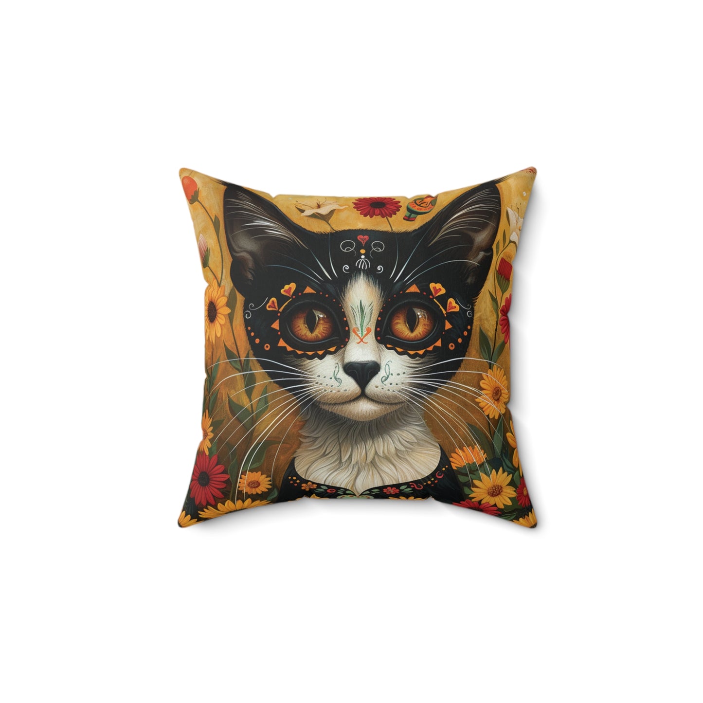 Cat on Yellow - Day of the Dead - Throw Pillow