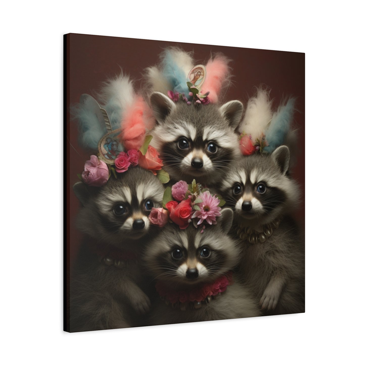 Raccoon Family with Colorful Plumes Wall Canvas