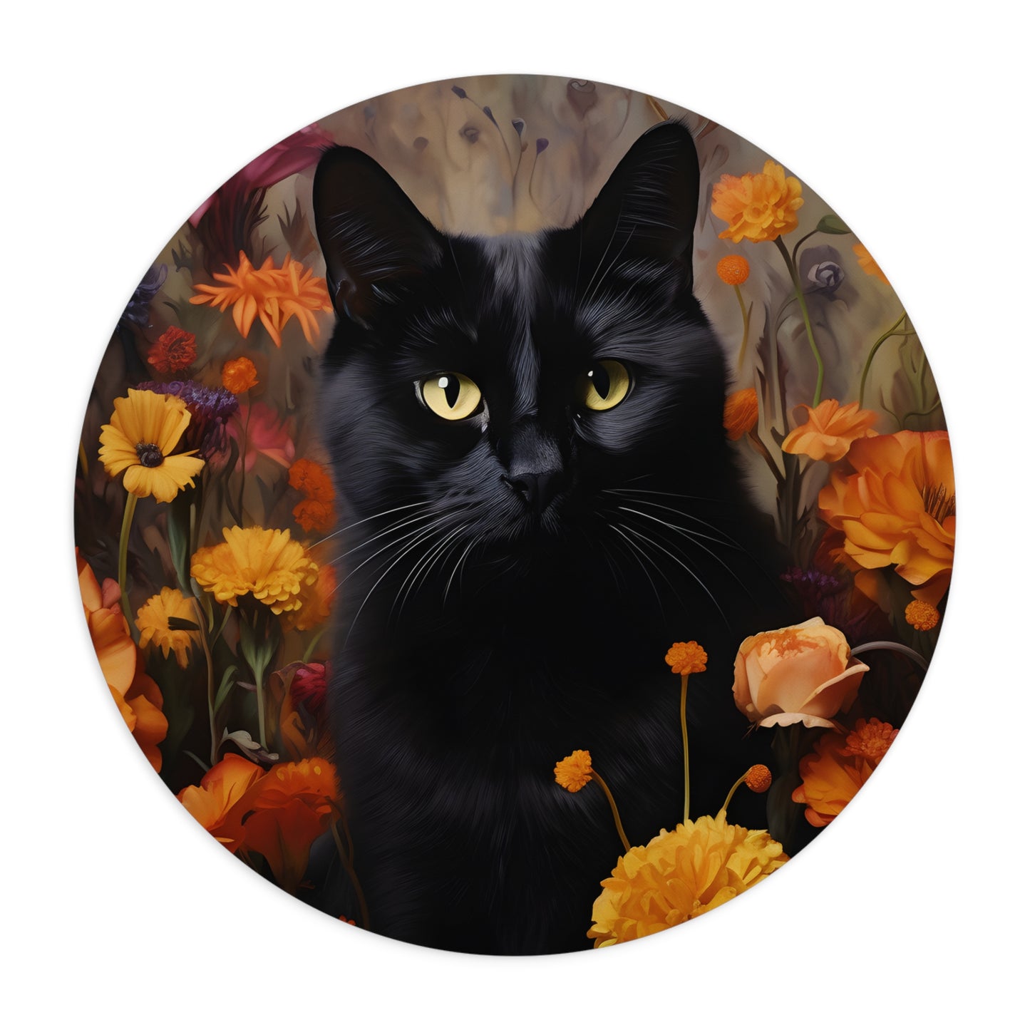 Black Cat in Orange Flowers Mouse Pad – Round 8”