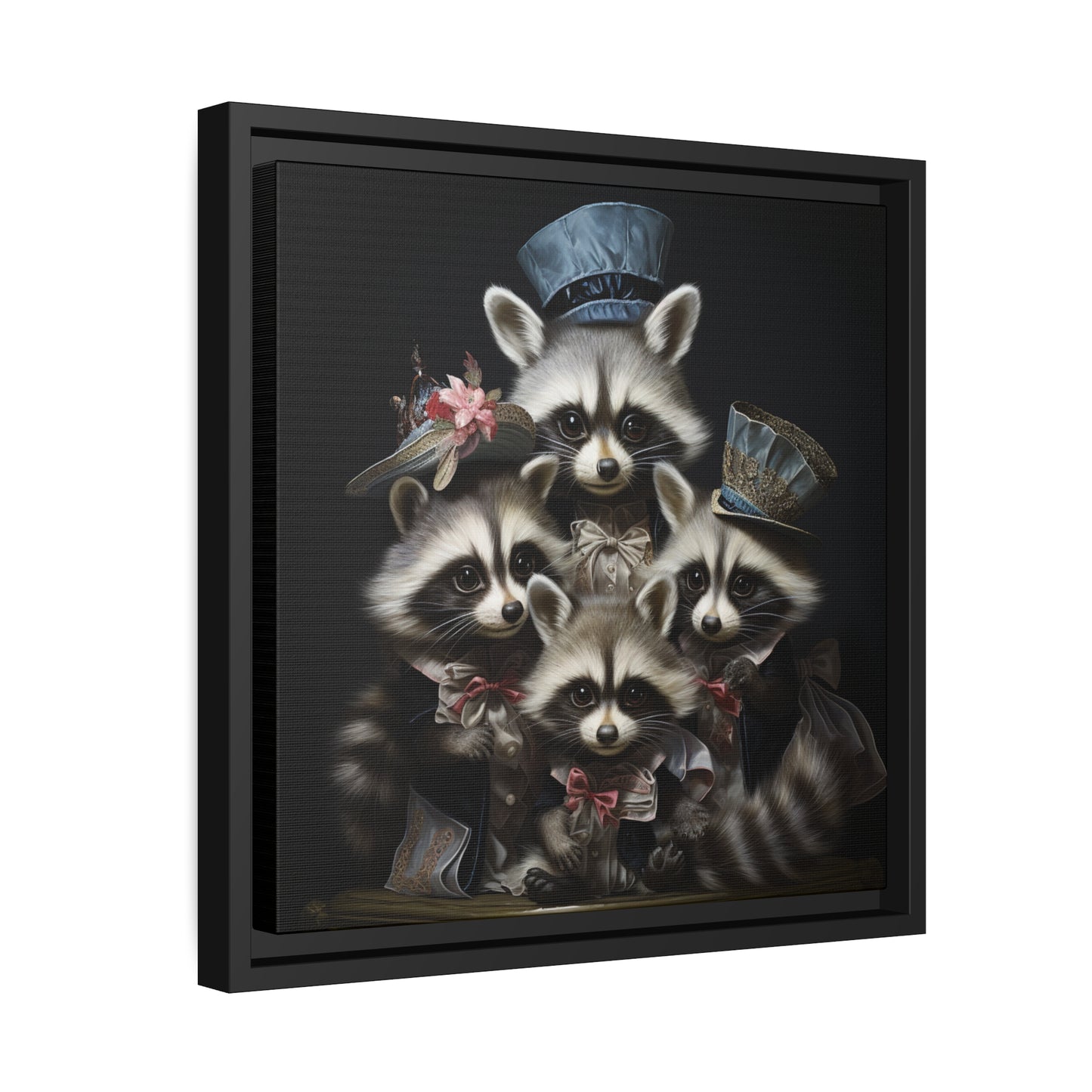 Raccoon Family in Blue Hats Framed Wall Canvas