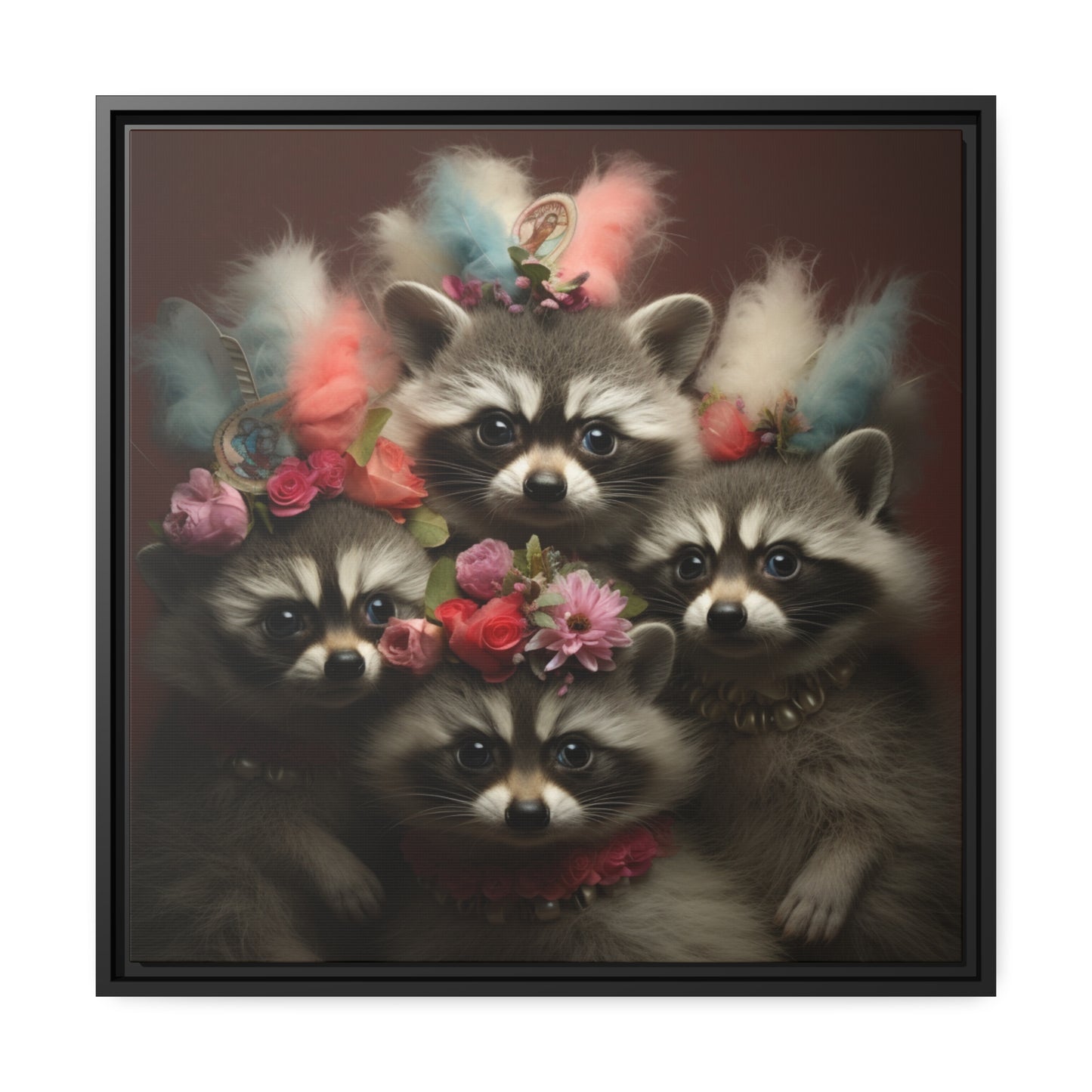 Raccoon Family with Colorful Plumes Framed Wall Canvas