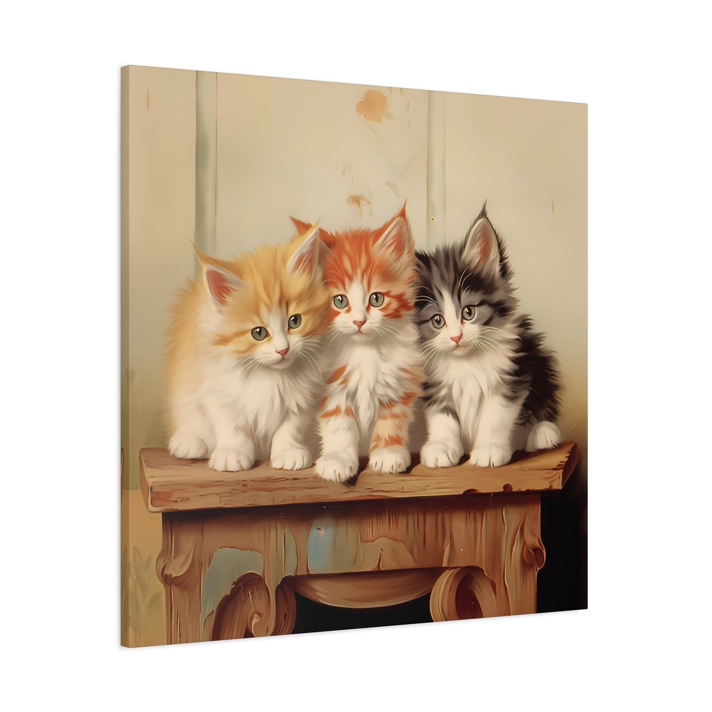 Three Kittens on Painted Table Wall Canvas