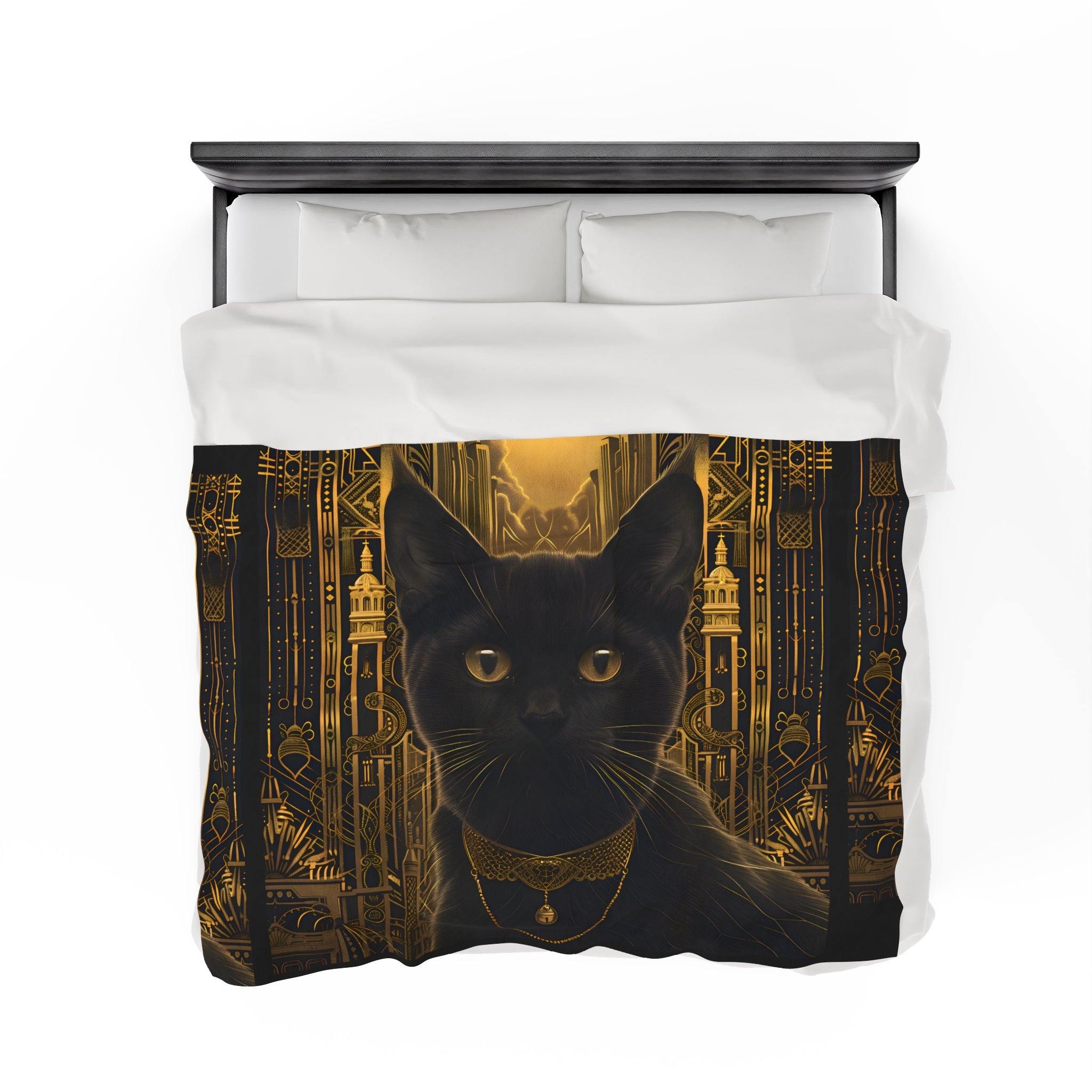 Black Cat with Golden Bell Art Deco - Velveteen Blanket