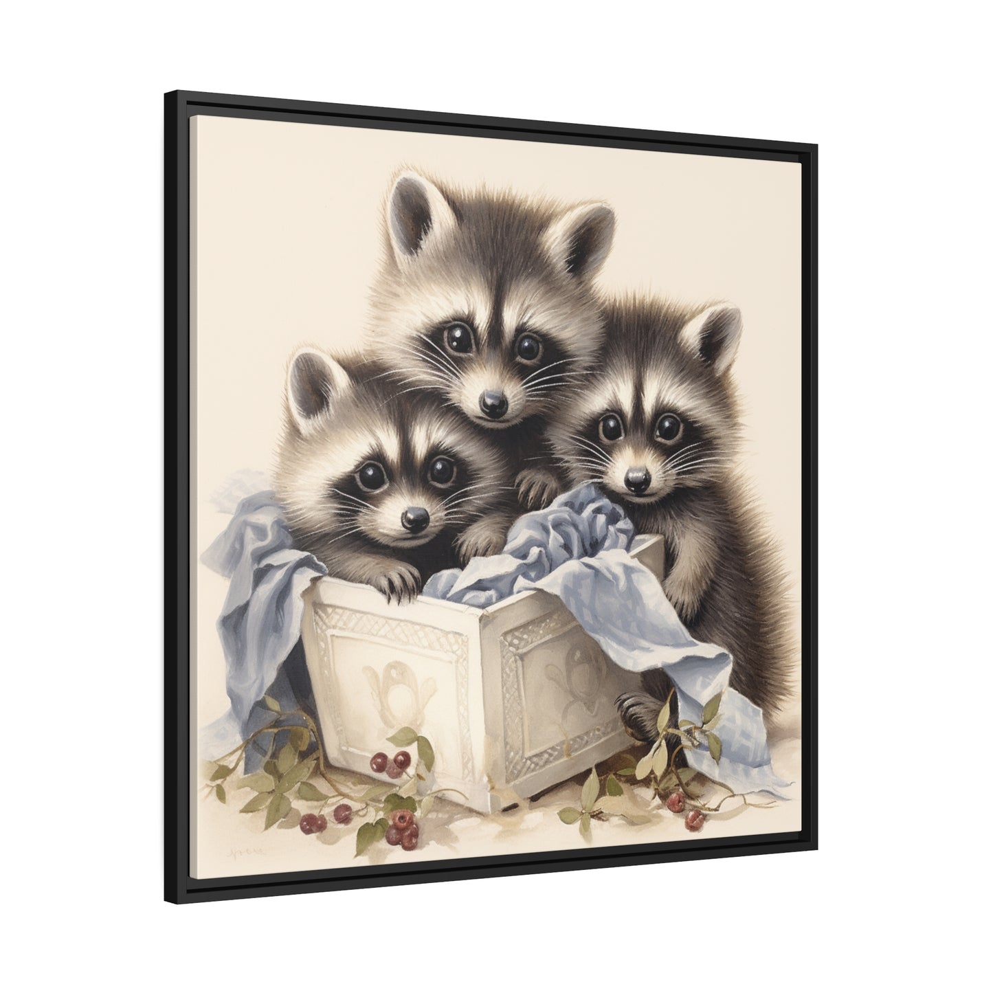 Raccoon Family with Blue Blanket Framed Wall Canvas