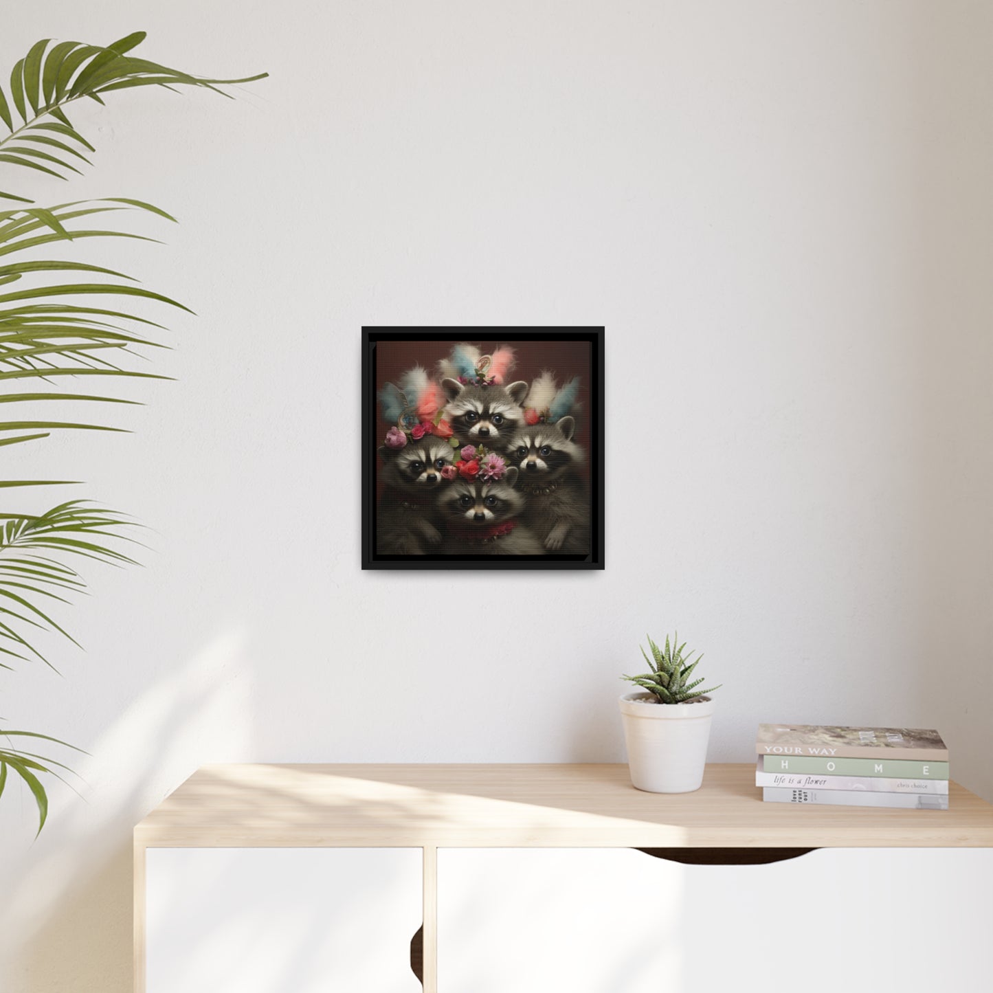 Raccoon Family with Colorful Plumes Framed Wall Canvas