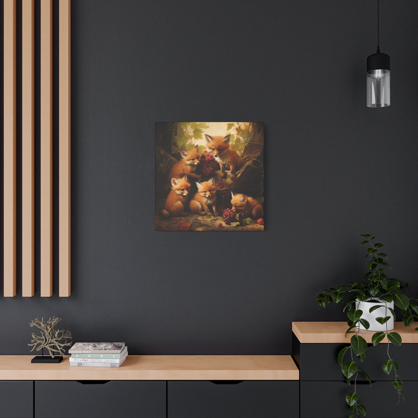 Fox Family with Red Grapes Wall Canvas