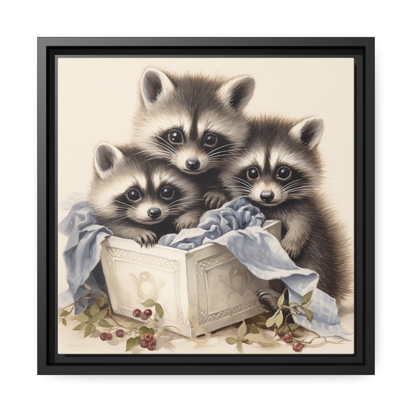 Raccoon Family with Blue Blanket Framed Wall Canvas