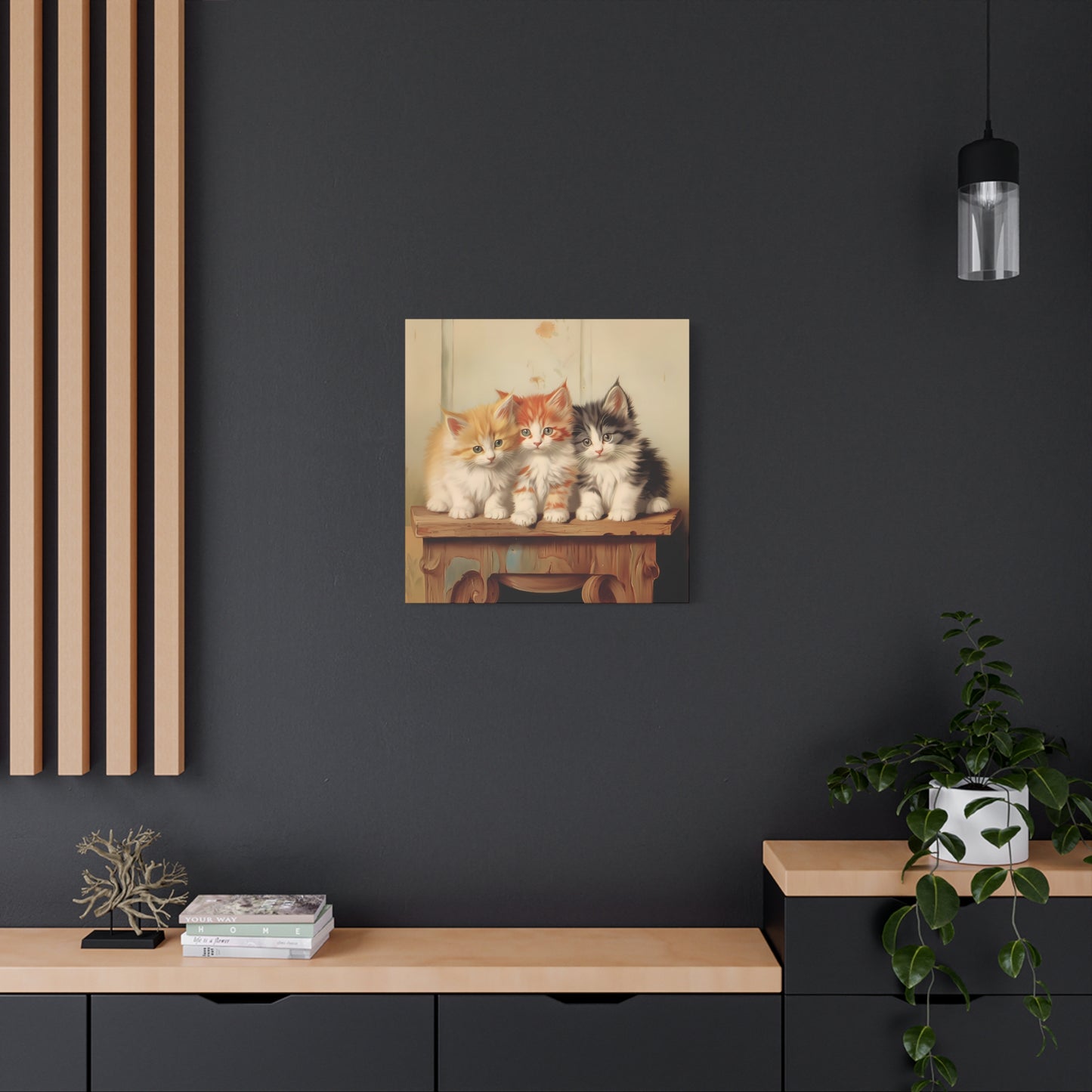 Three Kittens on Painted Table Wall Canvas