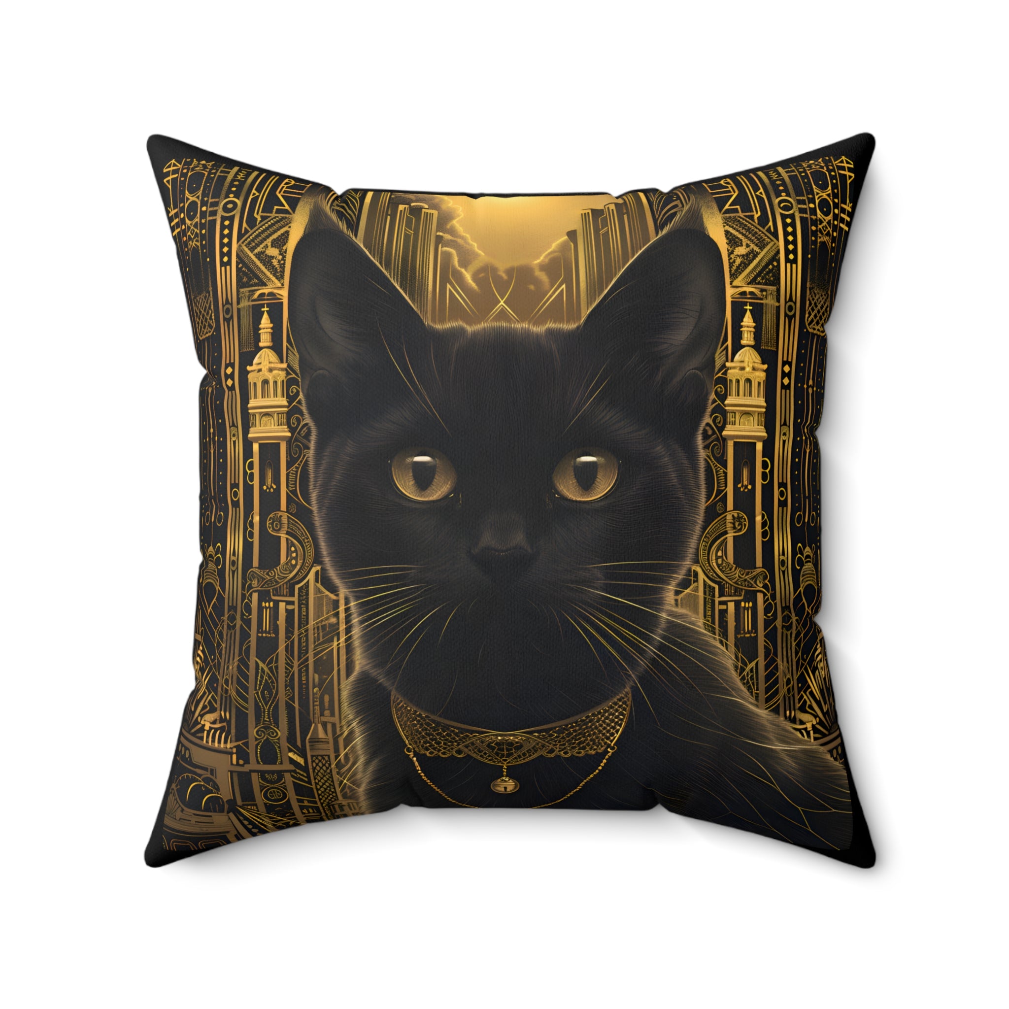 Black Cat with Golden Bell Art Deco - Throw Pillow