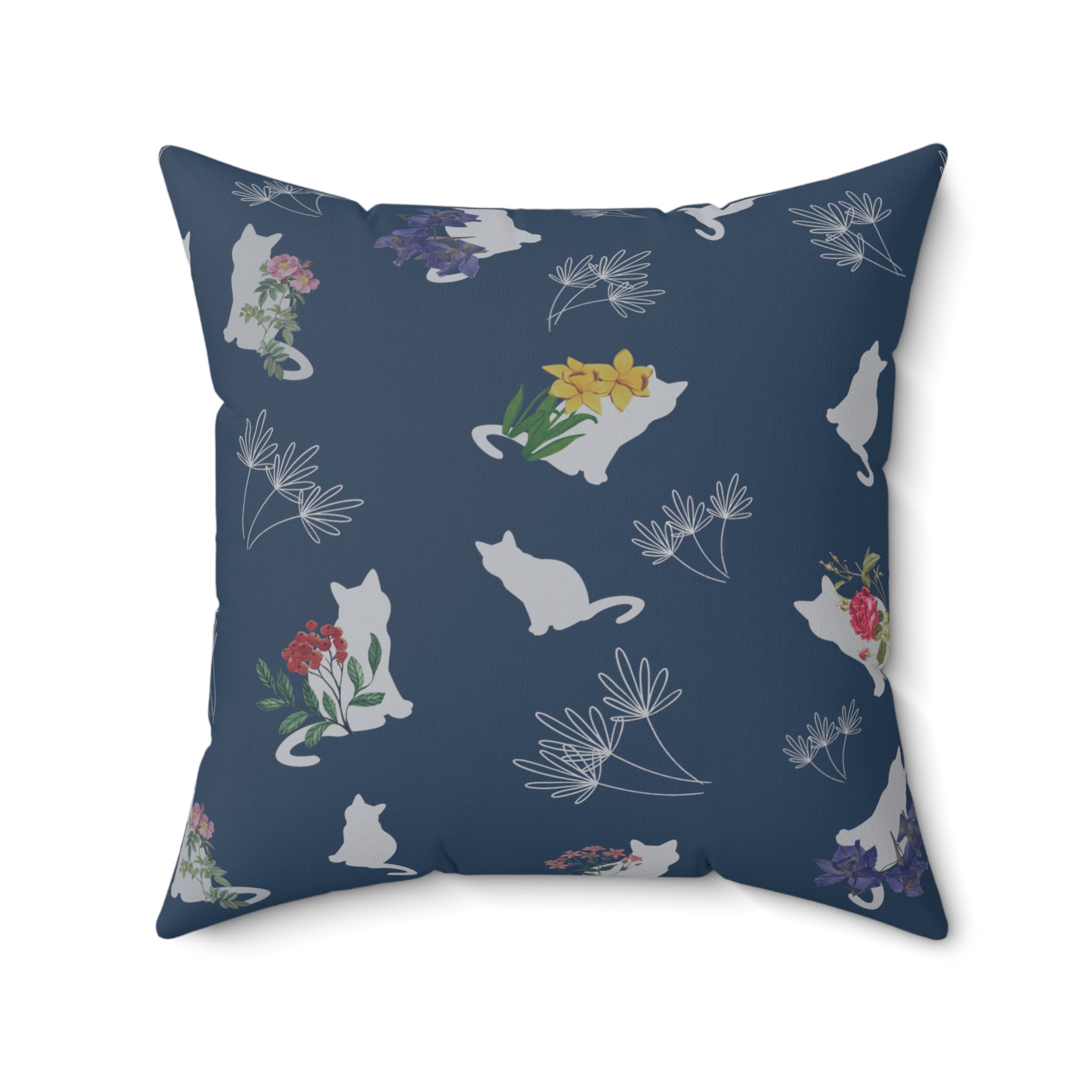 Cat and Flowers/Leafy Whimsy Throw Pillow – Blue