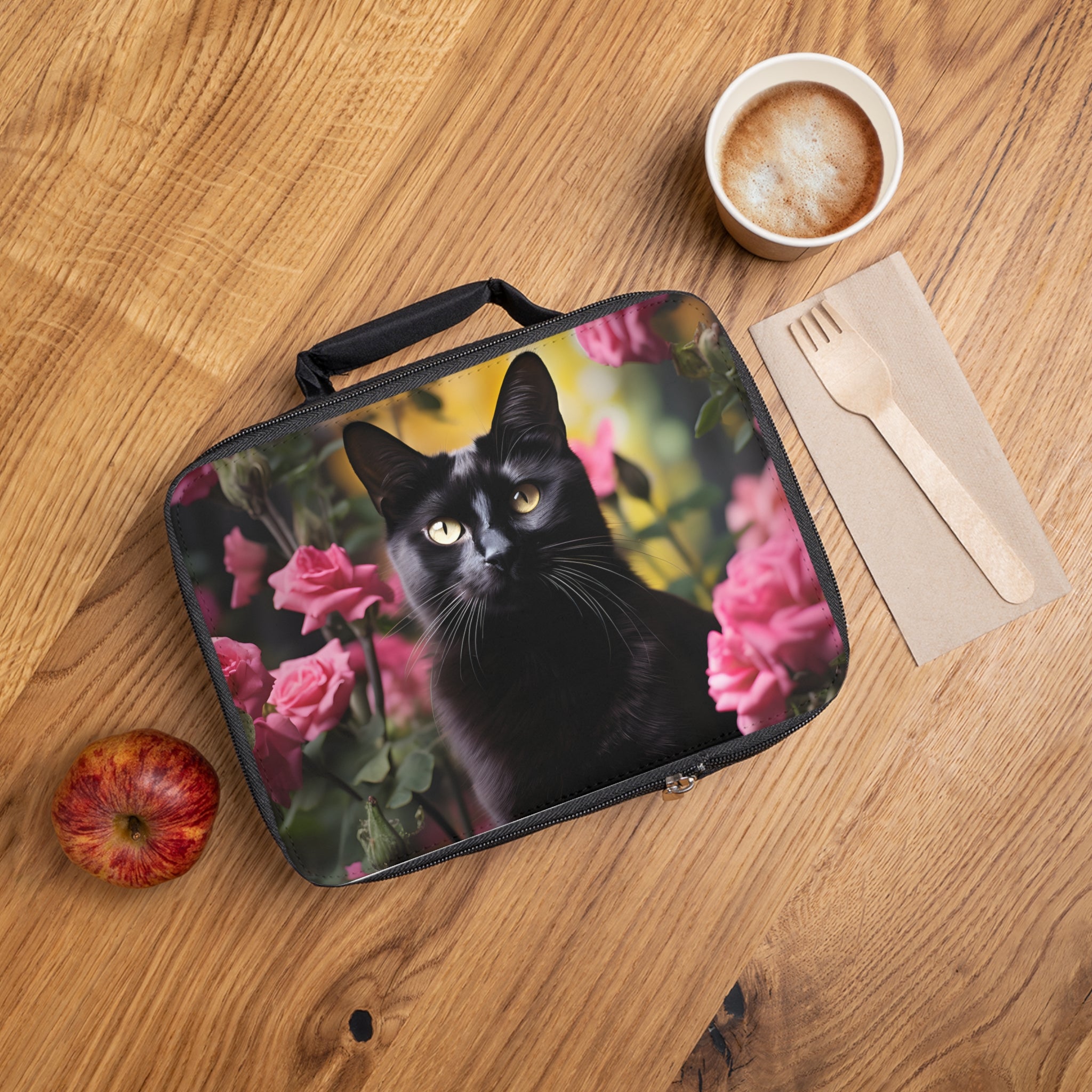 Black Cat in Pink Roses Lunch Bag