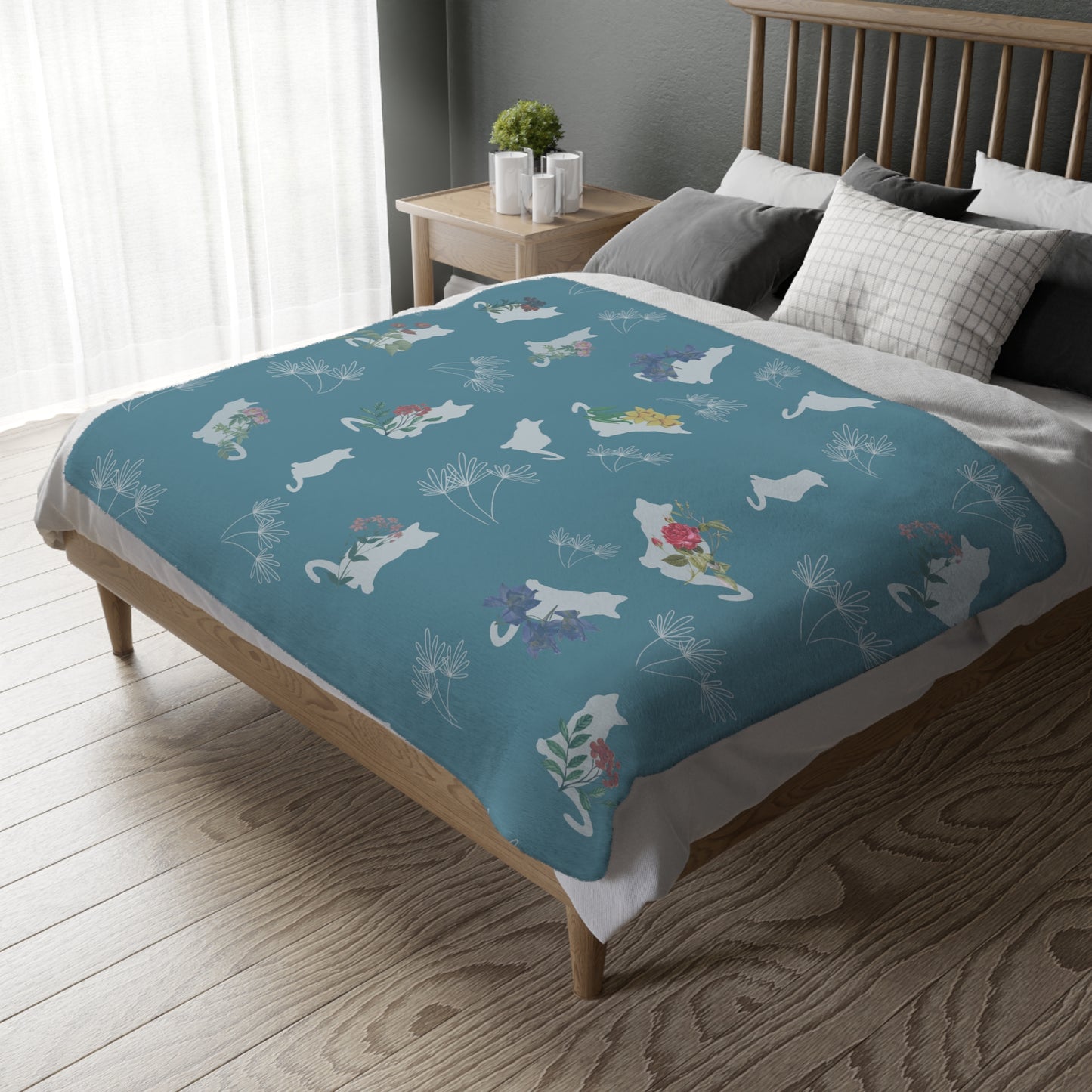 Cats and Flowers/Leafy Whimsy Blanket – Light Blue