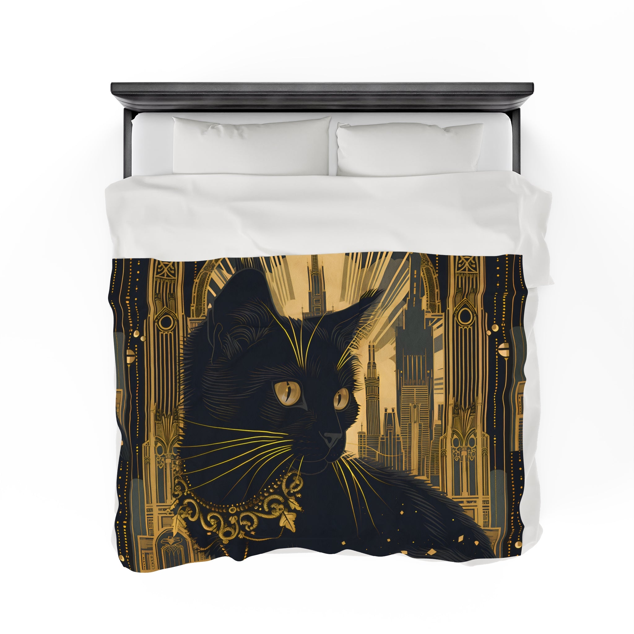 Black Cat and Gold Art Deco - Velveteen Blanket