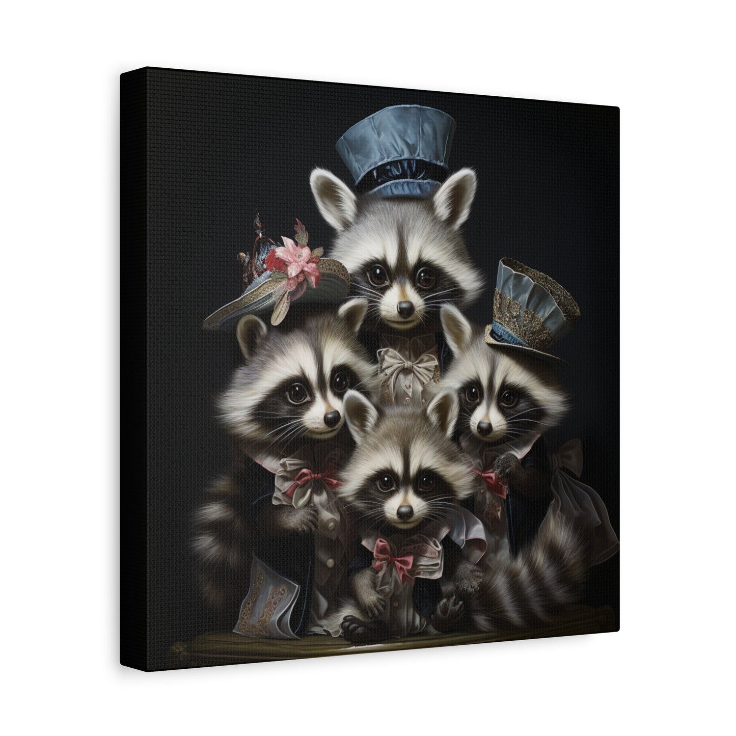 Raccoon Family in Blue Hats Wall Canvas