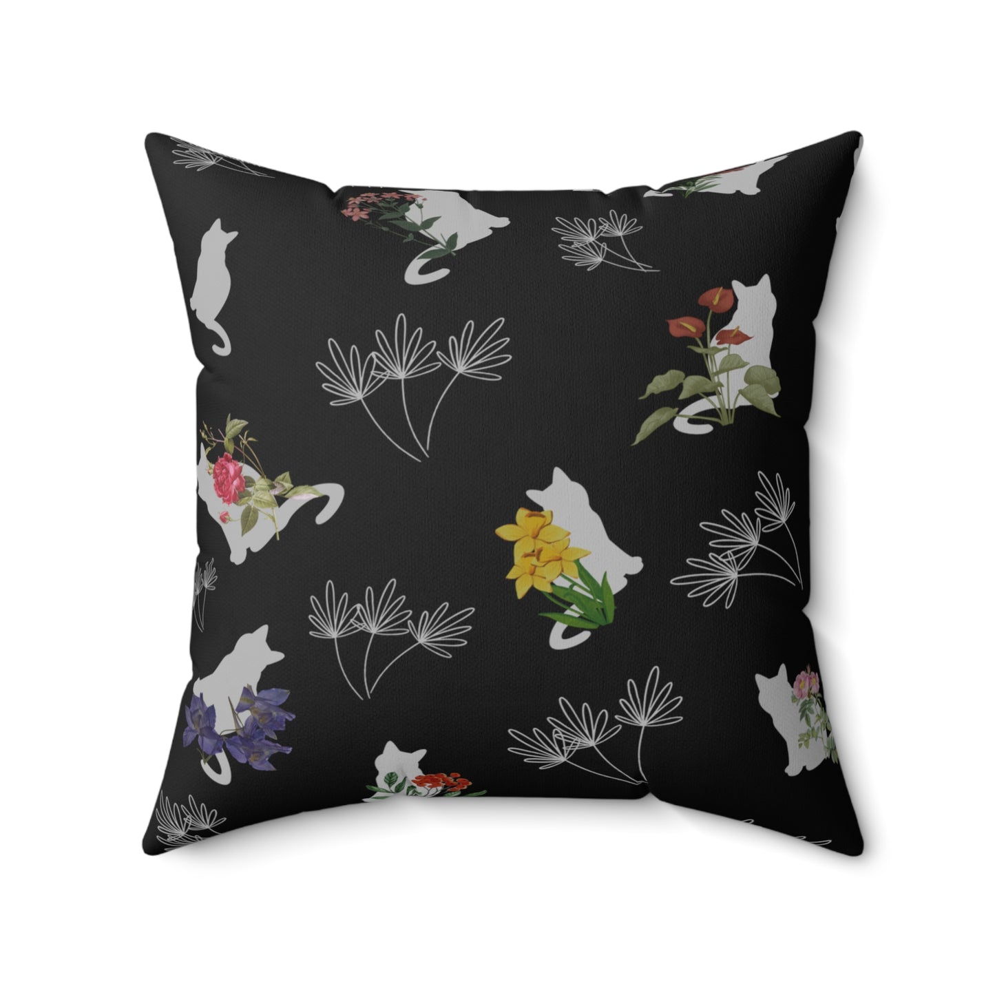 Cat and Flowers/Leafy Whimsy Throw Pillow – Black