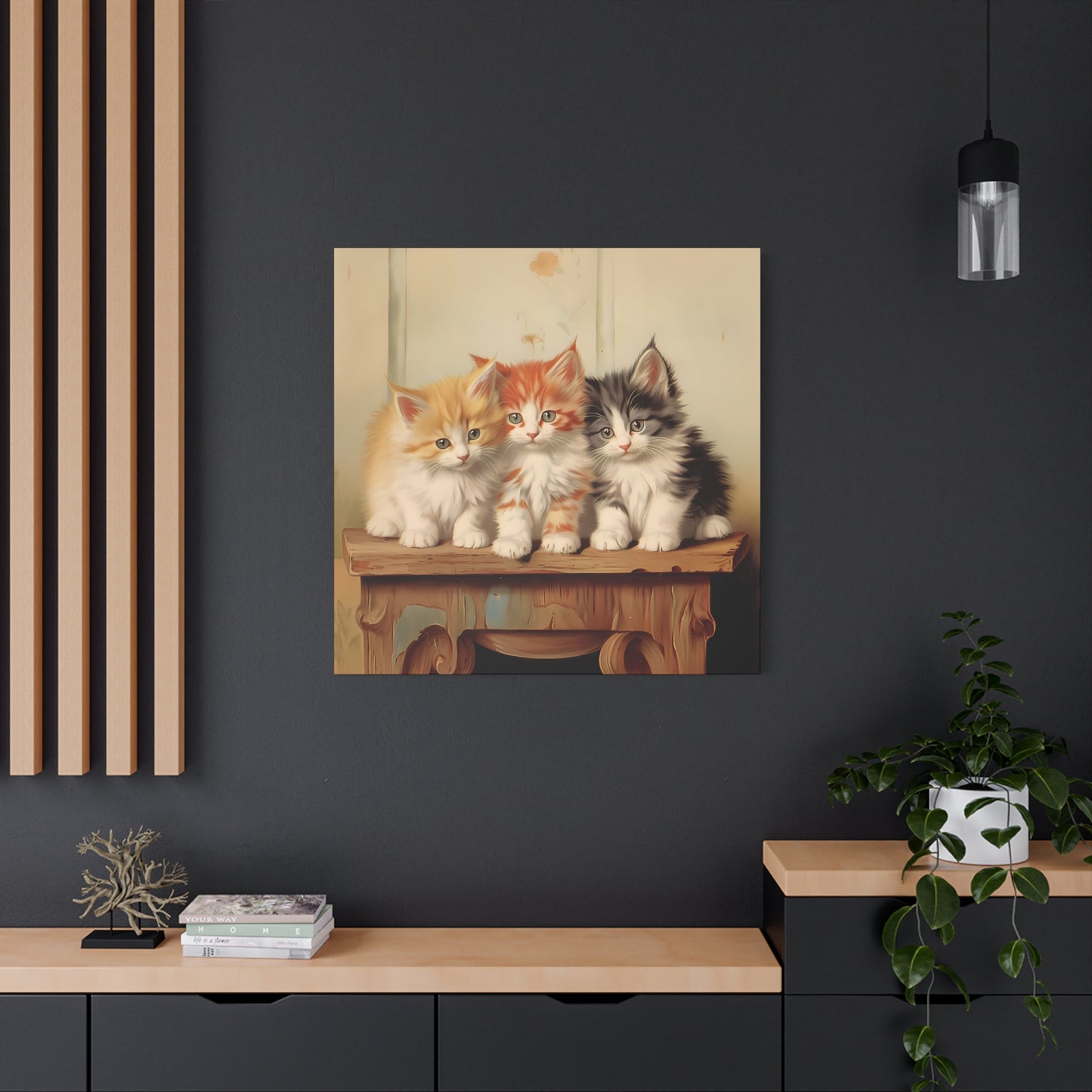 Three Kittens on Painted Table Wall Canvas