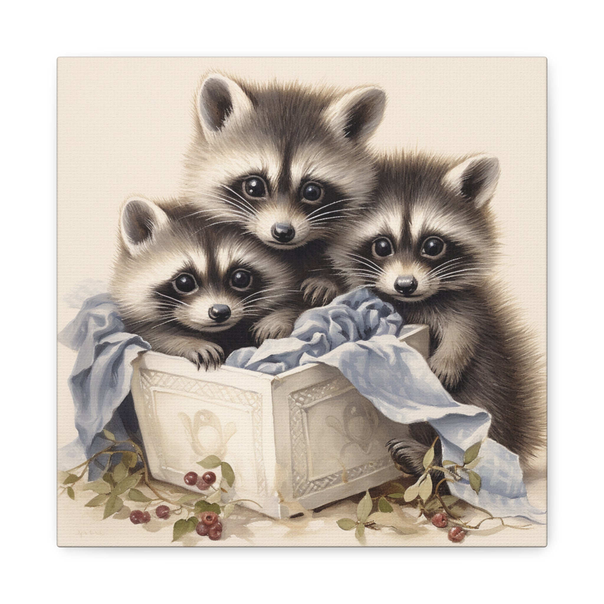 Raccoon Family with Blue Blanket Wall Canvas