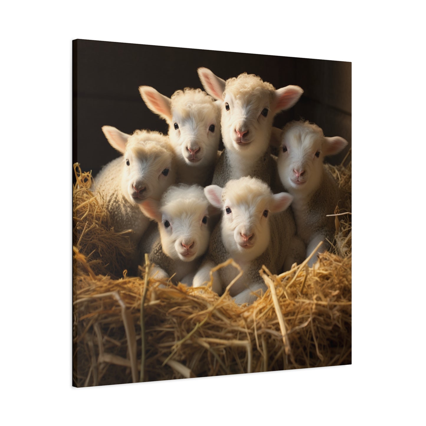 Lamb Family in Straw Wall Canvas