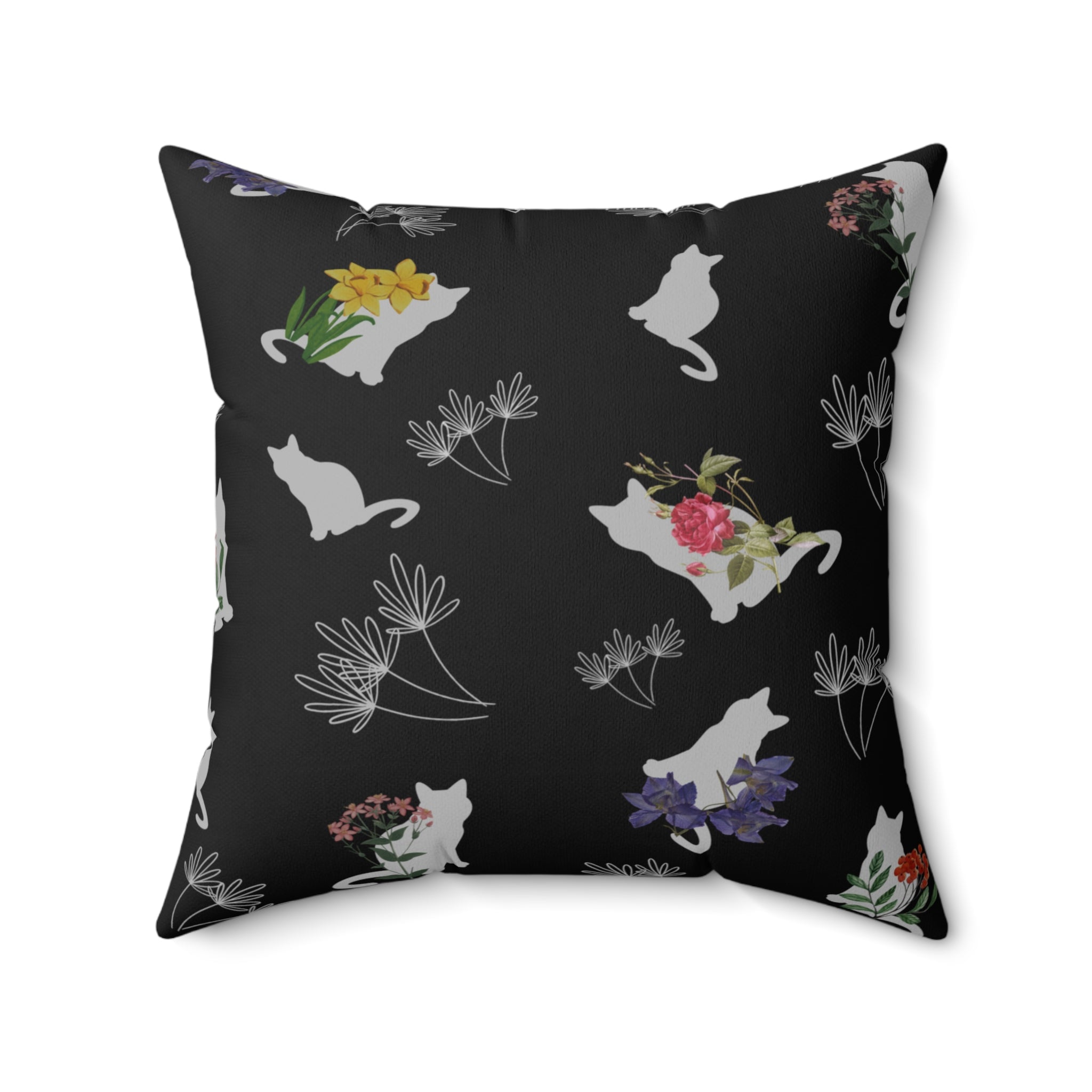 Cat and Flowers/Leafy Whimsy Throw Pillow – Black