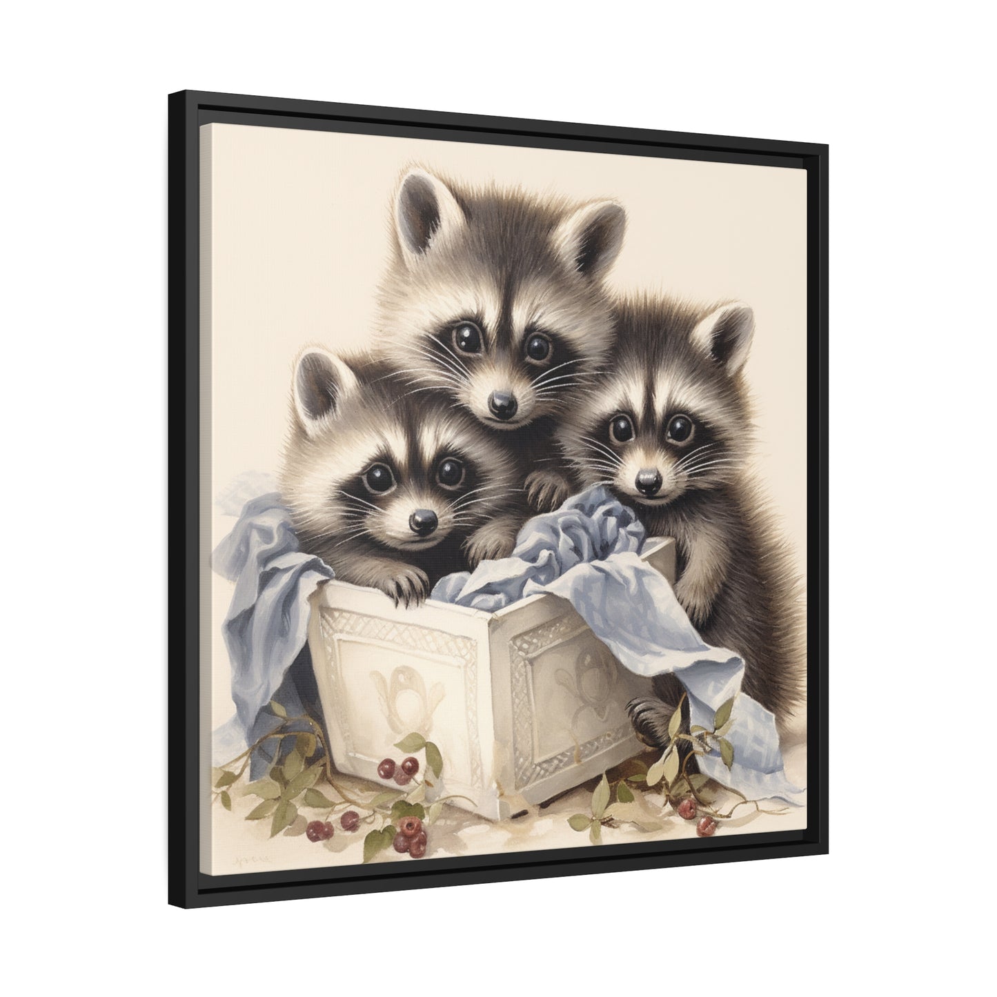 Raccoon Family with Blue Blanket Framed Wall Canvas