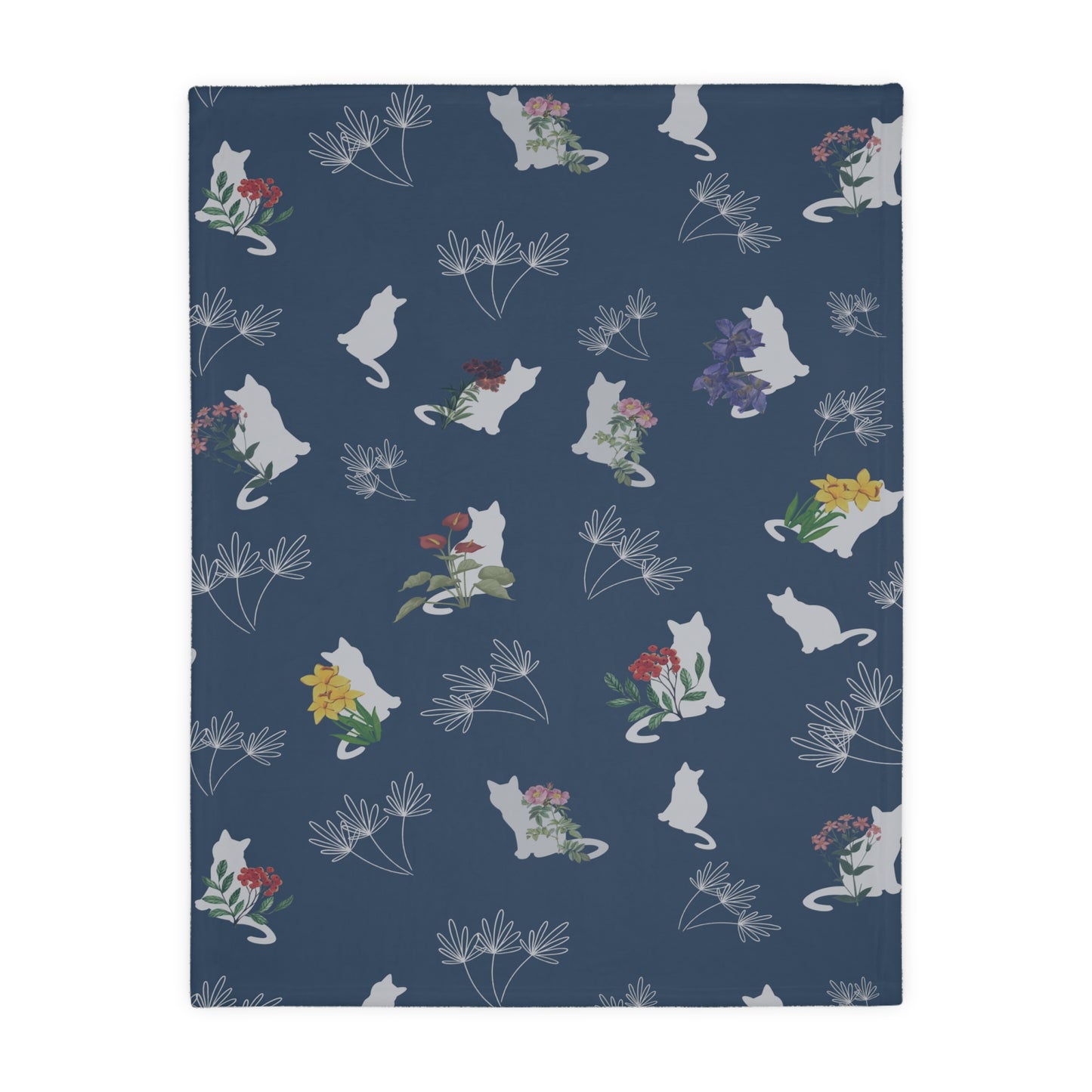 Cats and Flowers/Leafy Whimsy Blanket - Blue