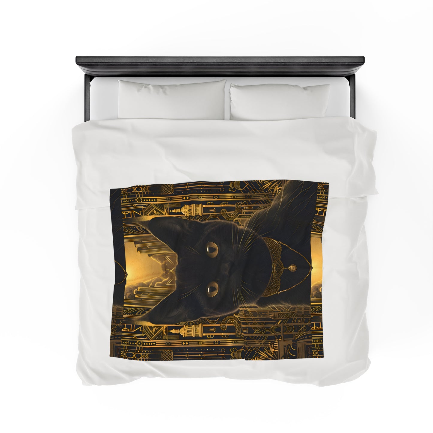 Black Cat with Golden Bell Art Deco - Velveteen Blanket