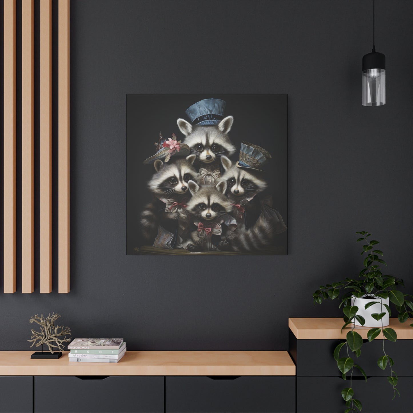 Raccoon Family in Blue Hats Wall Canvas