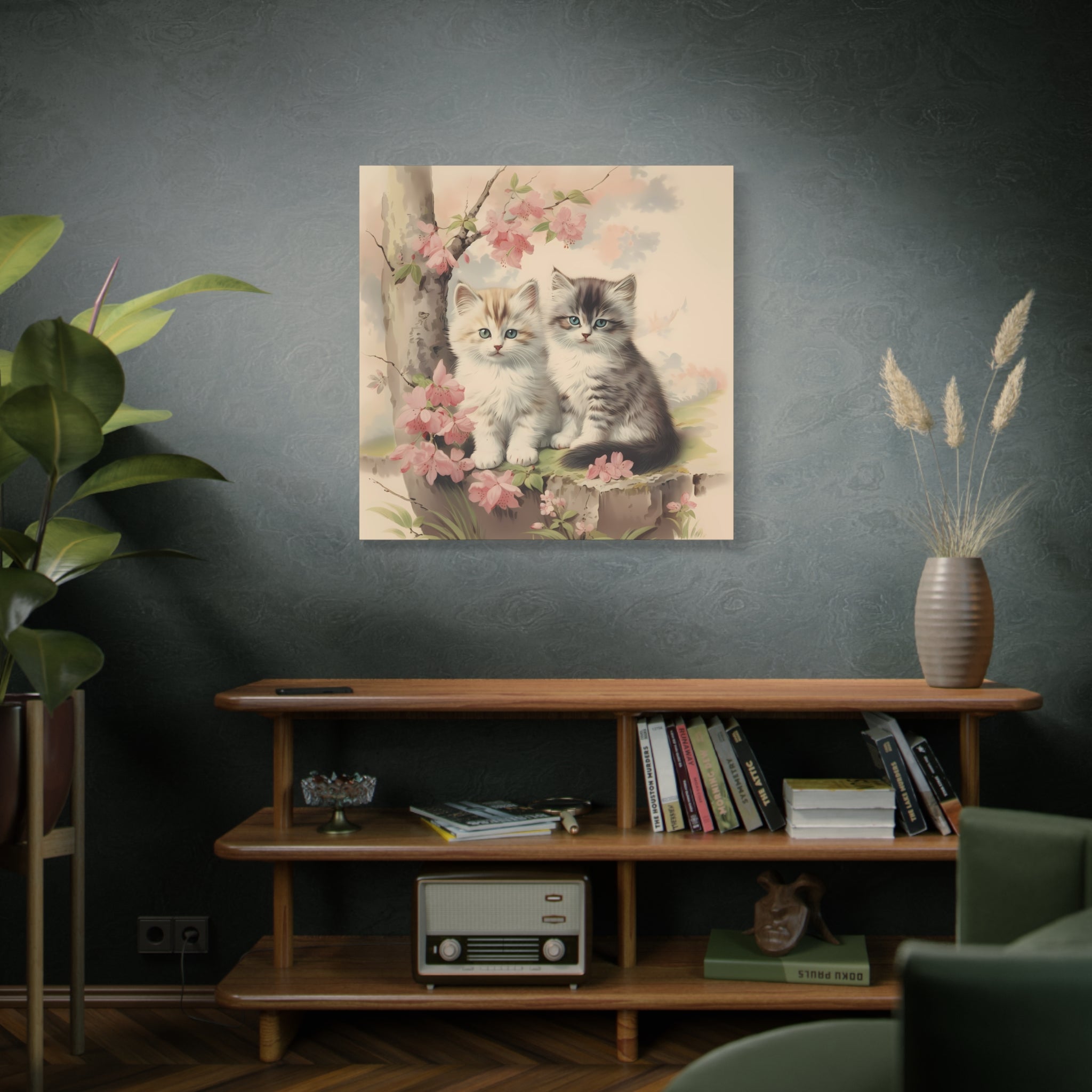 Kittens Under Pink Flowering Tree Wall Canvas