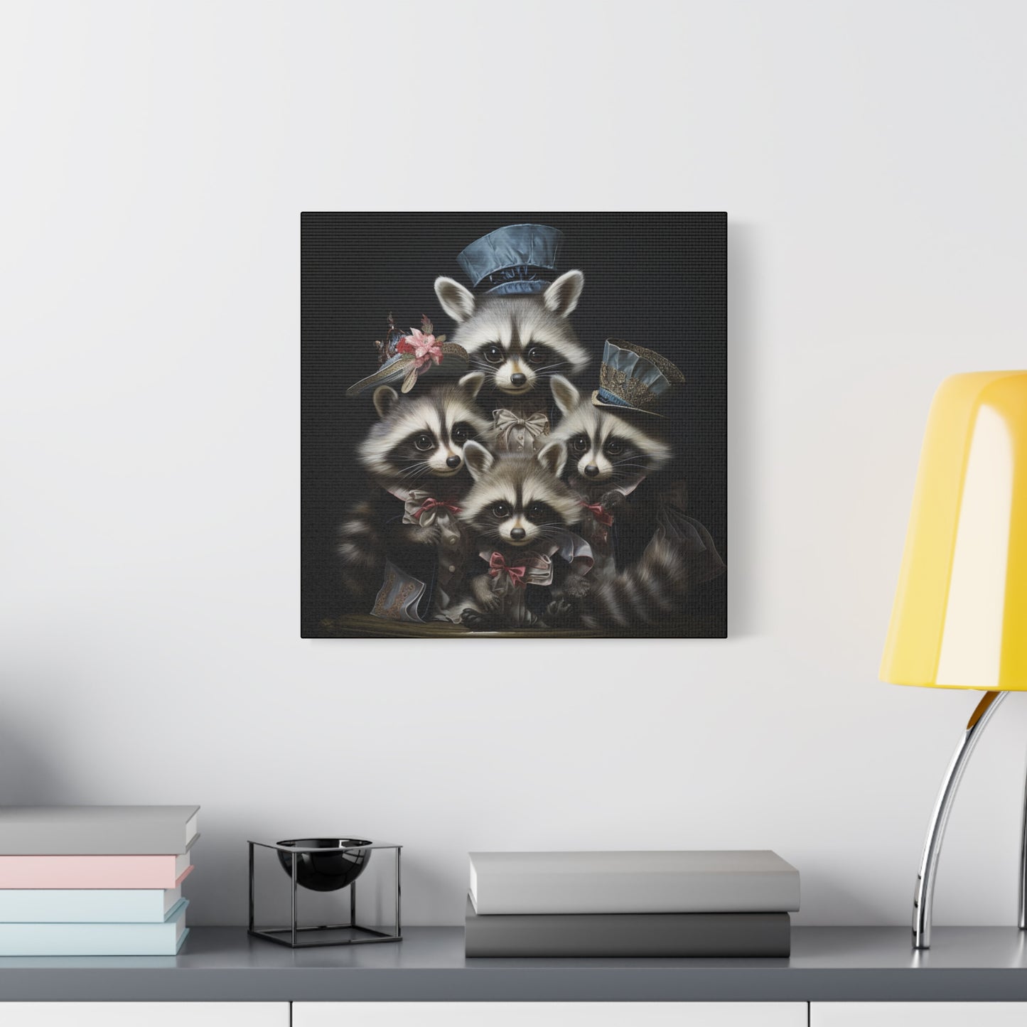 Raccoon Family in Blue Hats Wall Canvas