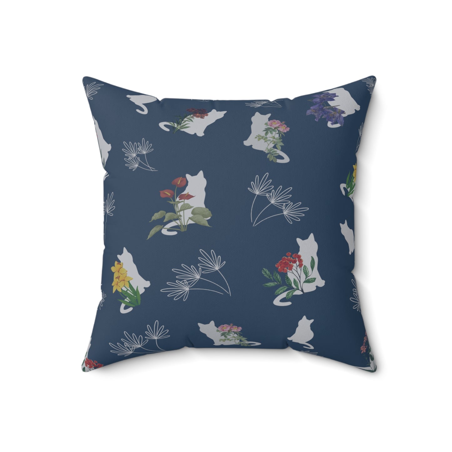 Cat and Flowers/Leafy Whimsy Throw Pillow – Blue