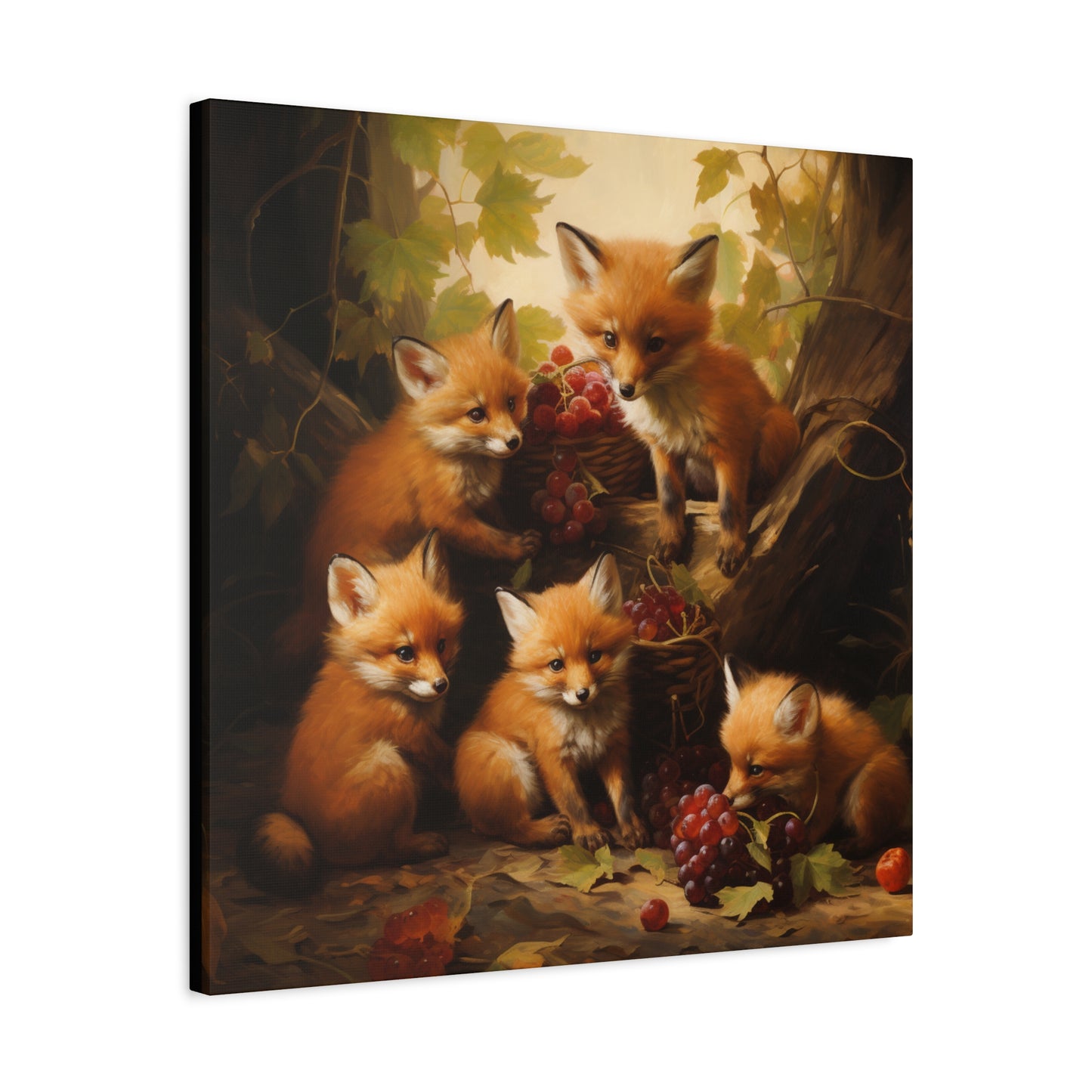 Fox Family with Red Grapes Wall Canvas