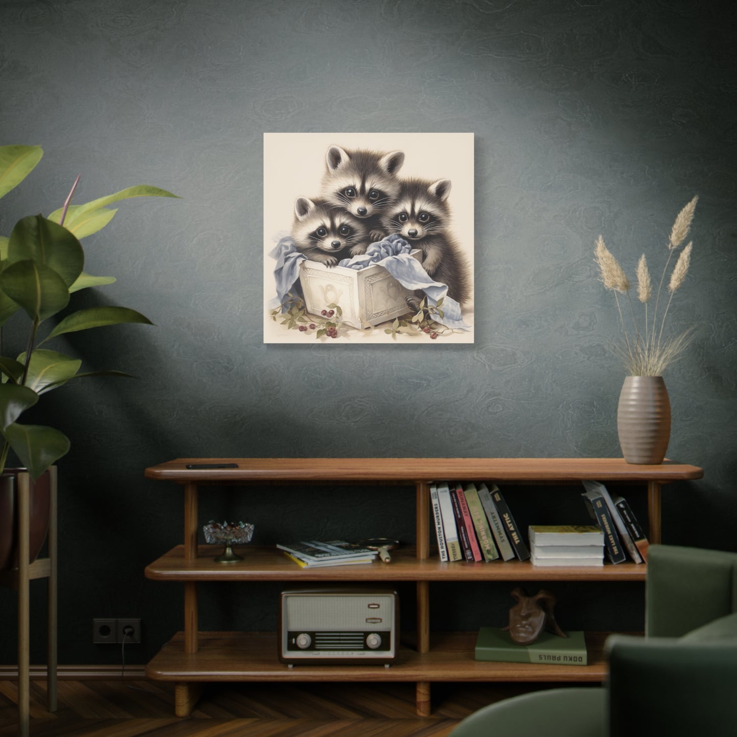 Raccoon Family with Blue Blanket Wall Canvas