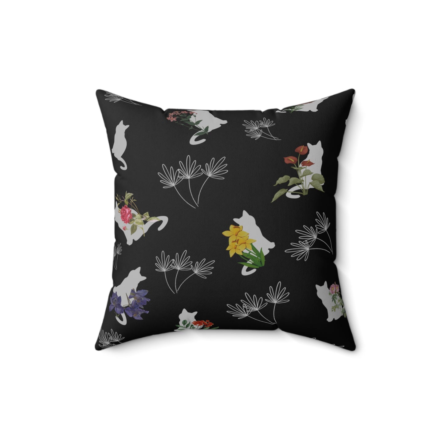 Cat and Flowers/Leafy Whimsy Throw Pillow – Black