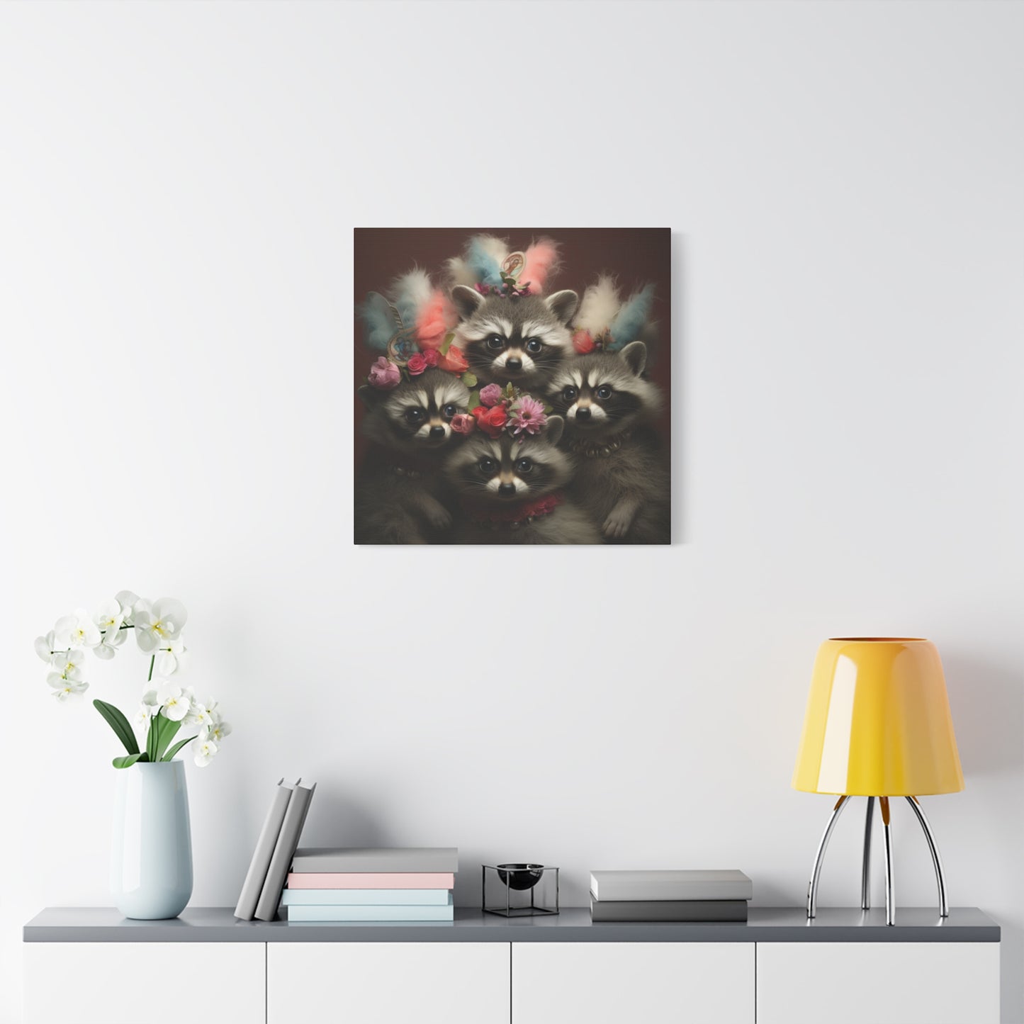 Raccoon Family with Colorful Plumes Wall Canvas