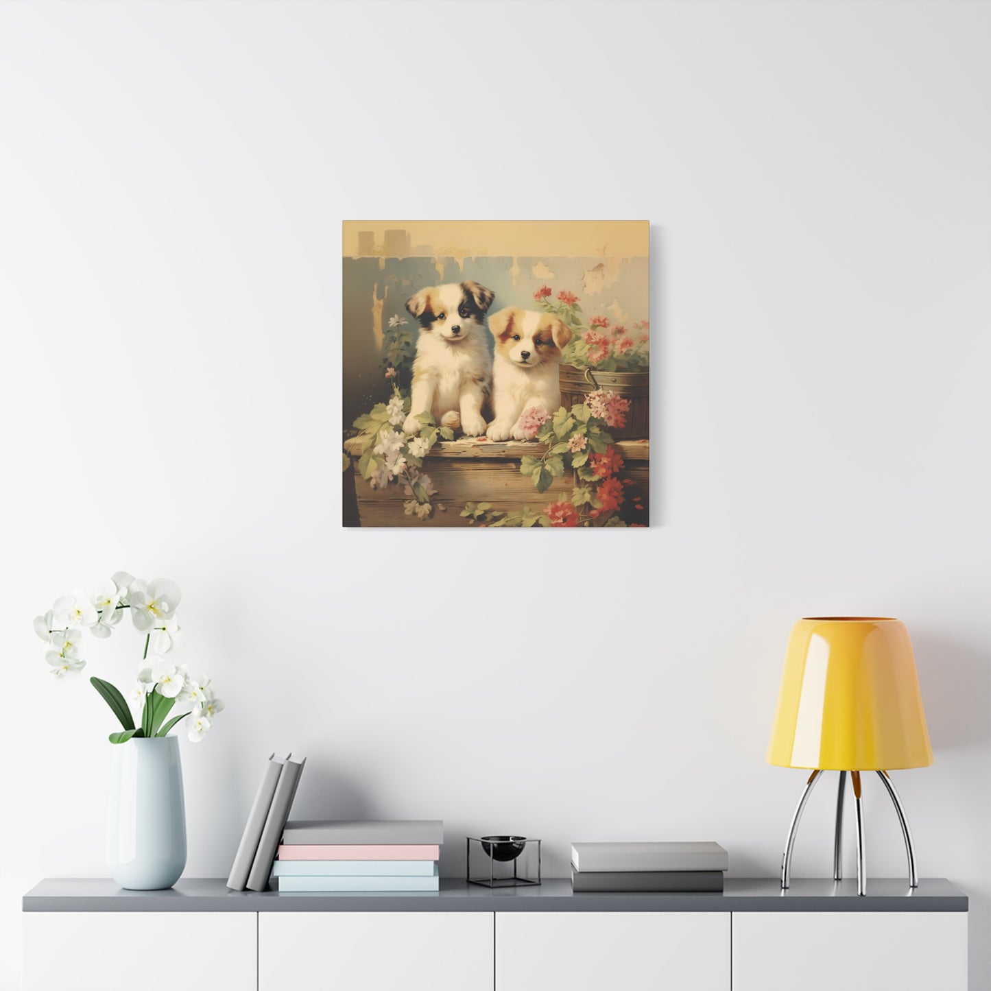 Puppies on Potting Table Wall Canvas