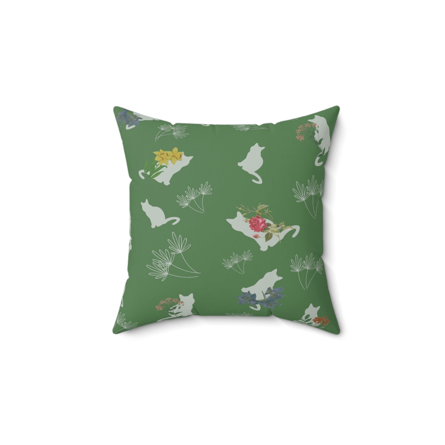 Cat and Flowers/Leafy Whimsy Throw Pillow – Green