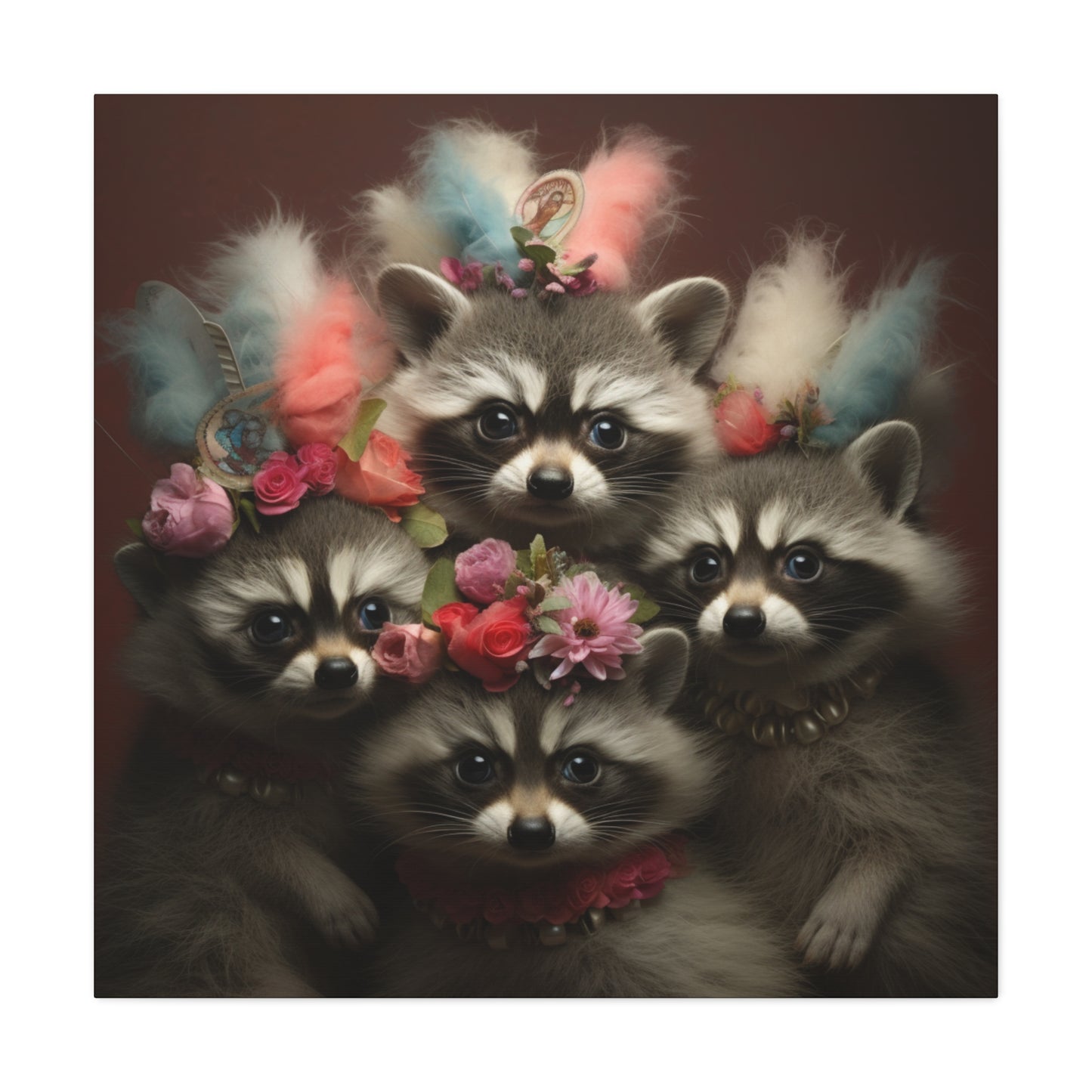 Raccoon Family with Colorful Plumes Wall Canvas