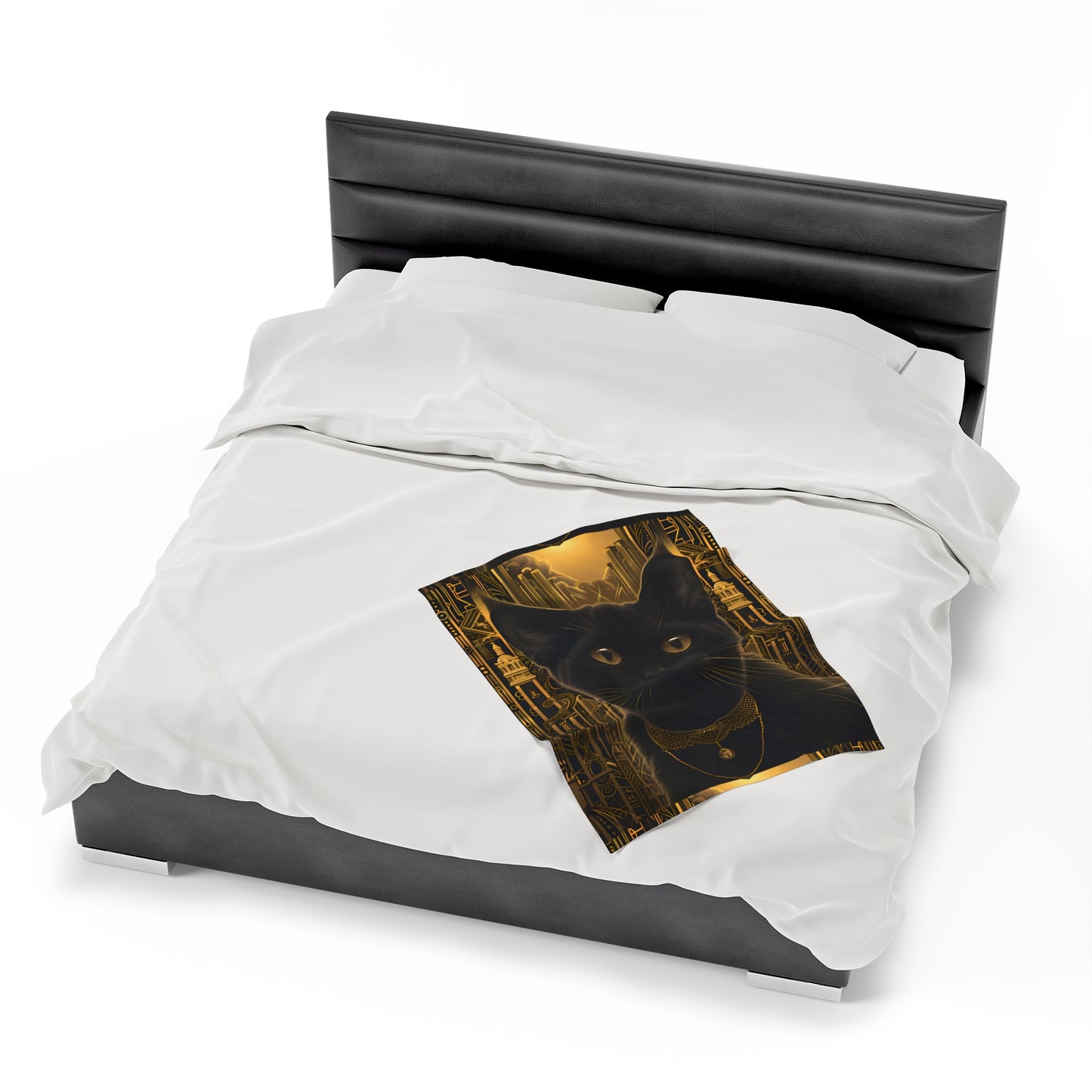 Black Cat with Golden Bell Art Deco - Velveteen Blanket