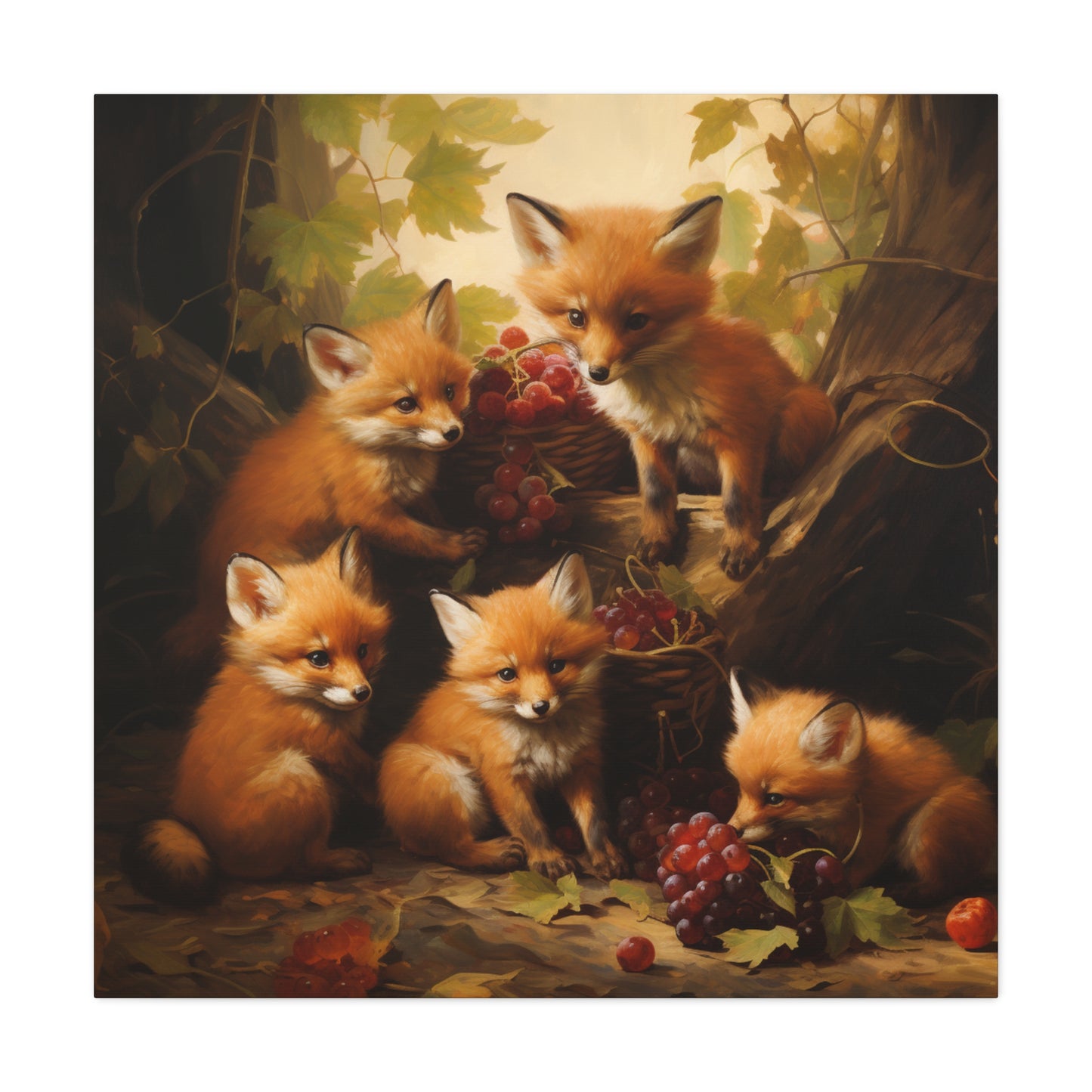 Fox Family with Red Grapes Wall Canvas