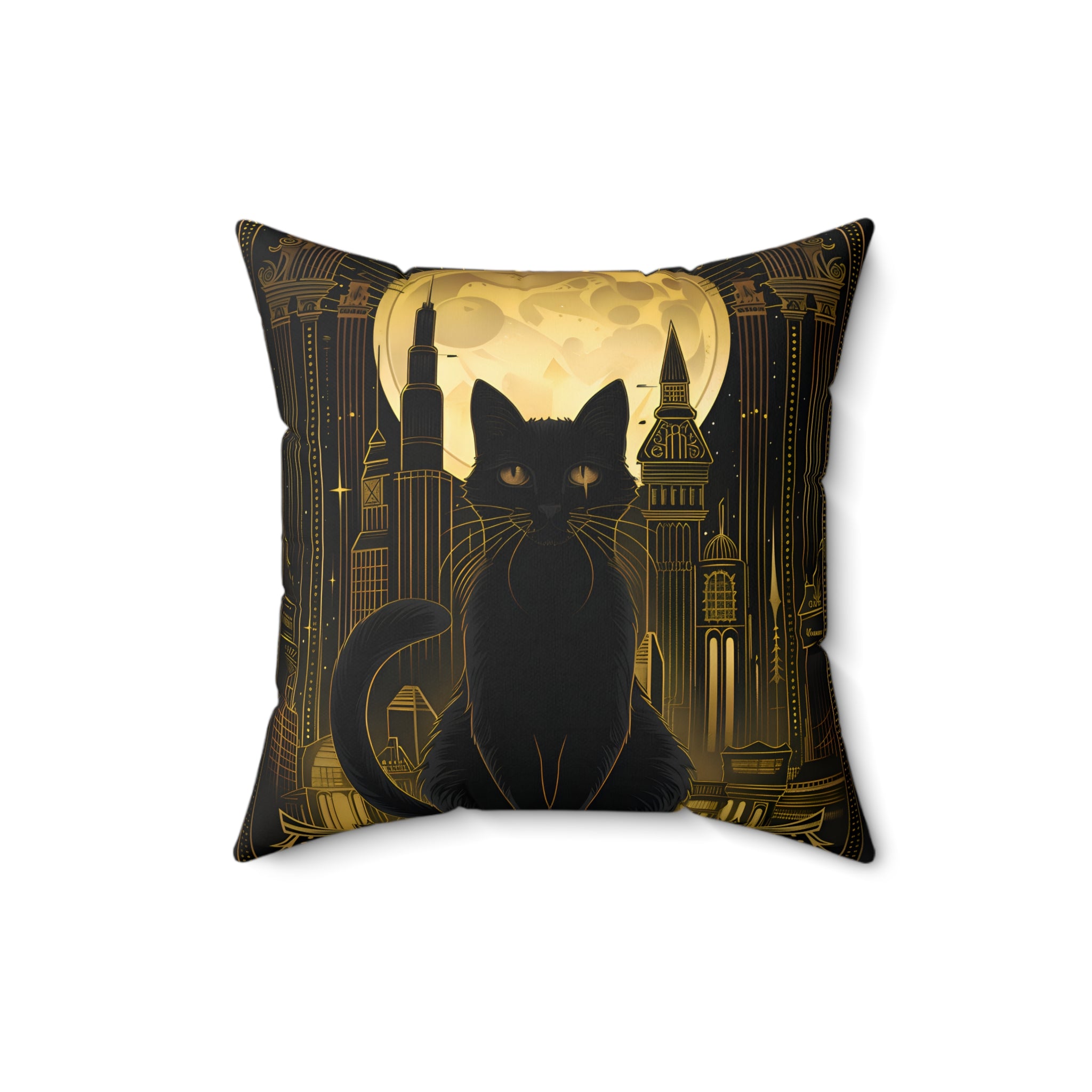 Black Cat and Gold Moon Art Deco - Throw Pillow